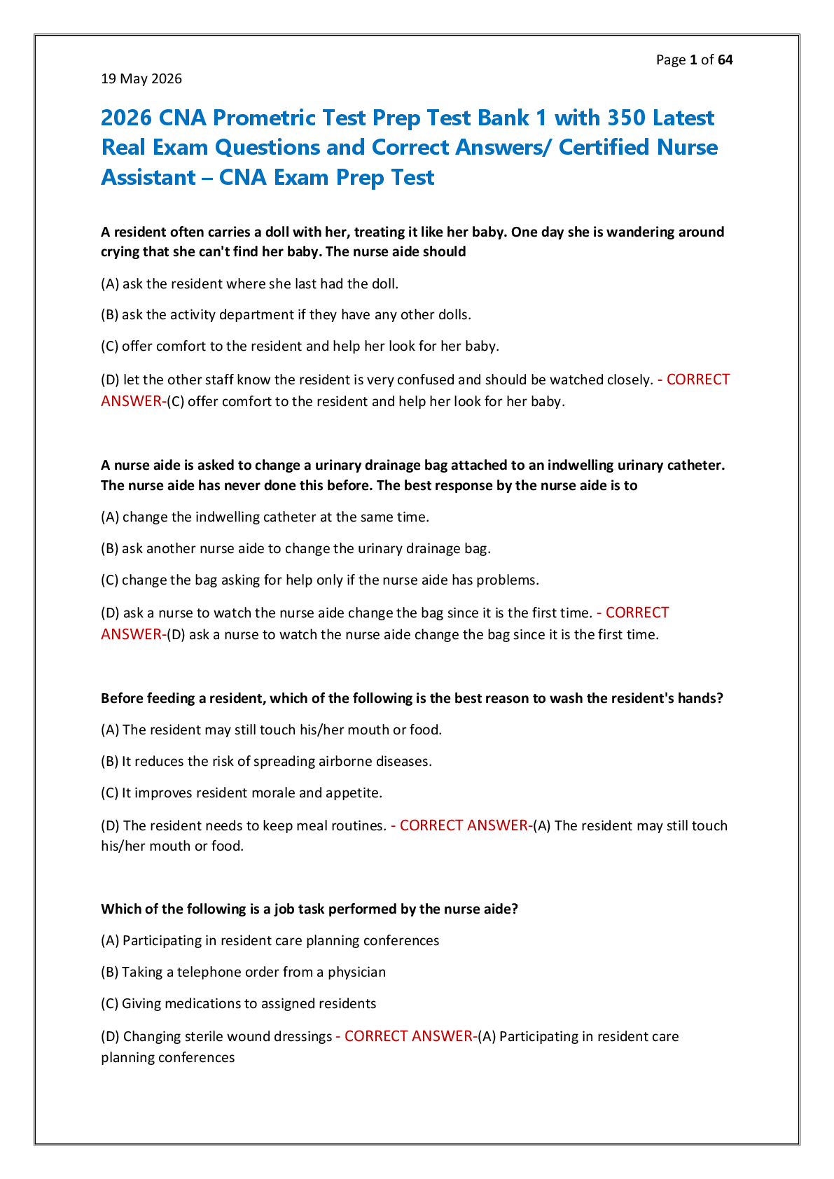 Preview of 2026 CNA Prometric Test Prep Test Bank 1 with 350 Latest  Real Exam Questions and Correct Answers/ Certified Nurse  Assistant – CNA Exam Prep Test