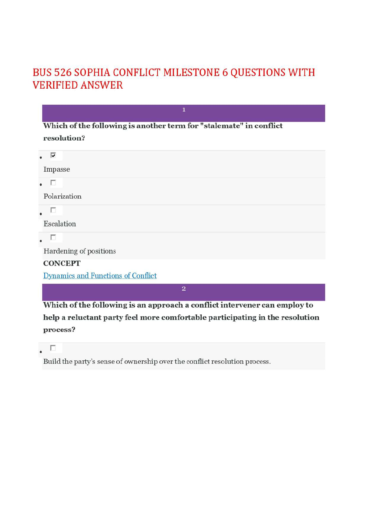 Preview of BUS 526 SOPHIA CONFLICT MILESTONE 6 QUESTIONS WITH VERIFIED ANSWER,100%CORRECT