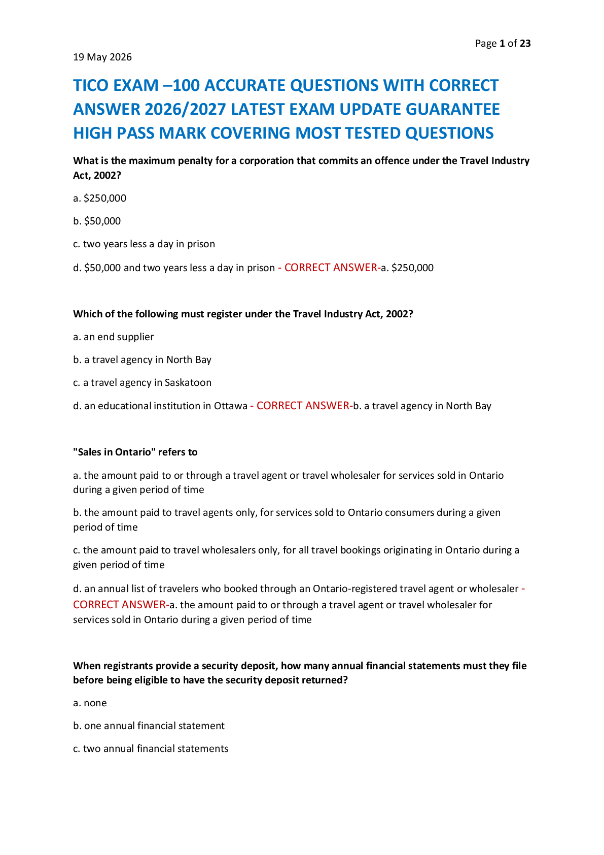 Preview of TICO EXAM –100 ACCURATE QUESTIONS WITH CORRECT  ANSWER 2026/2027 LATEST EXAM UPDATE GUARANTEE  HIGH PASS MARK COVERING MOST TESTED QUESTIONS