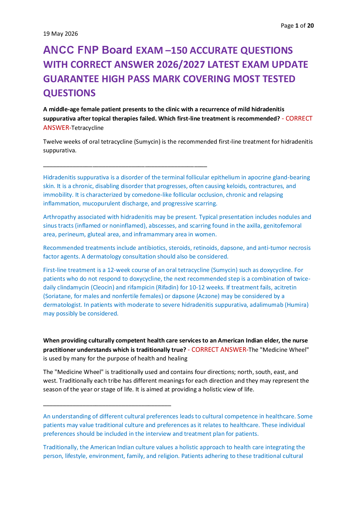 Preview of ANCC FNP Board EXAM –150 ACCURATE QUESTIONS  WITH CORRECT ANSWER 2026/2027 LATEST EXAM UPDATE  GUARANTEE HIGH PASS MARK COVERING MOST TESTED  QUESTIONS