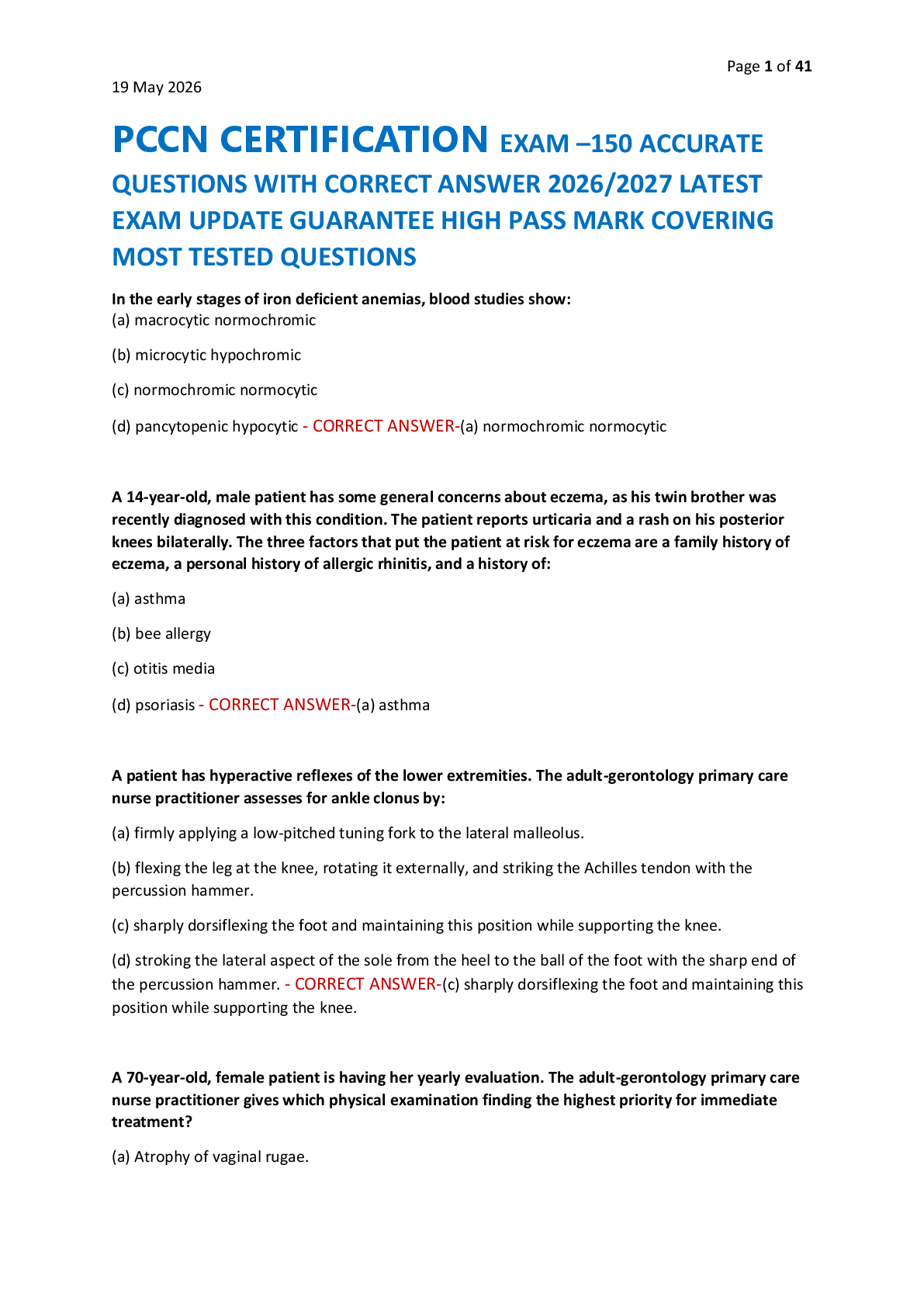 Preview of PCCN CERTIFICATION EXAM –150 ACCURATE  QUESTIONS WITH CORRECT ANSWER 2026/2027 LATEST  EXAM UPDATE GUARANTEE HIGH PASS MARK COVERING  MOST TESTED QUESTIONS