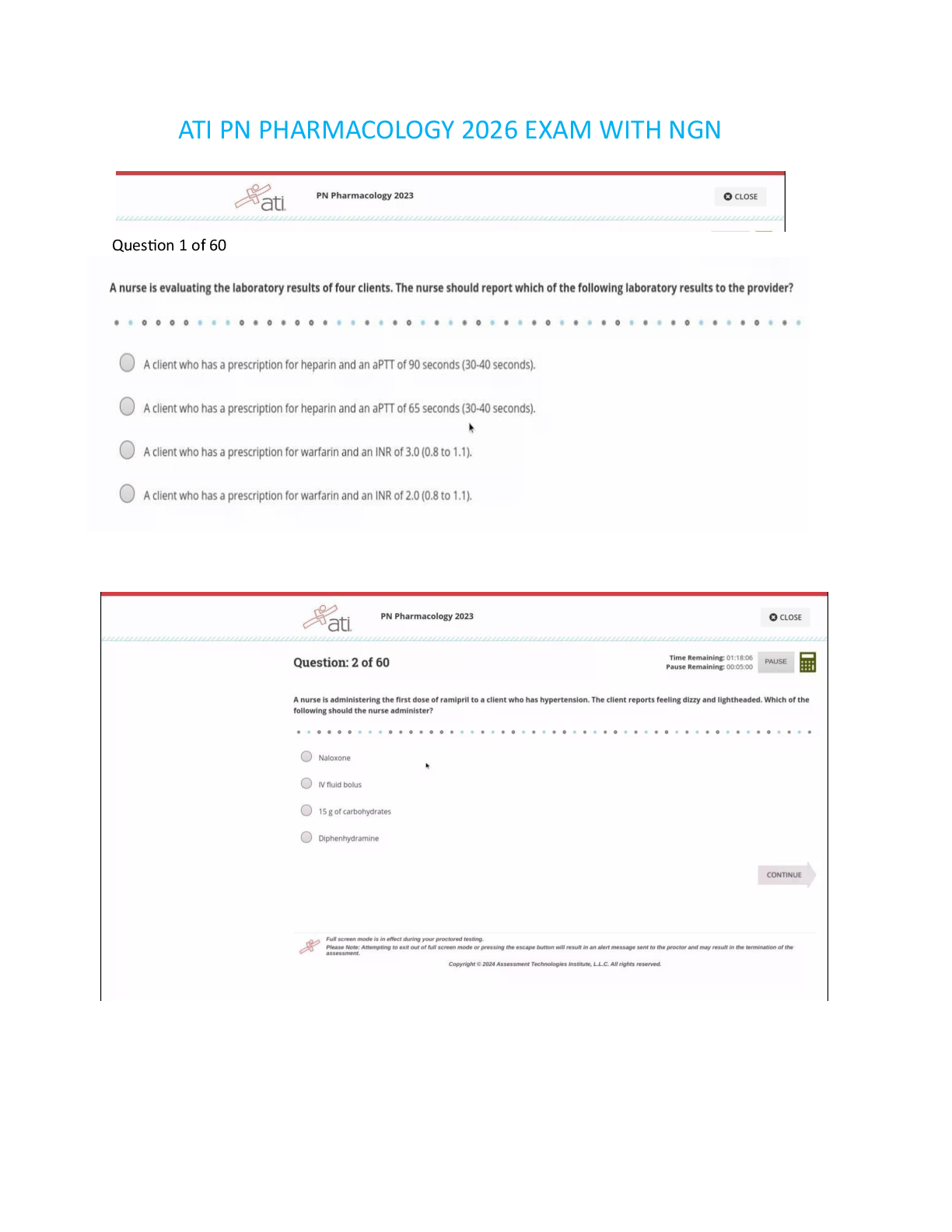 Preview of ATI PN Pharmacology Proctored Exam 2025/2026 with NGN: 60 Verified Screenshot Questions and Answers | 100% from ATI | Assures Highest Score