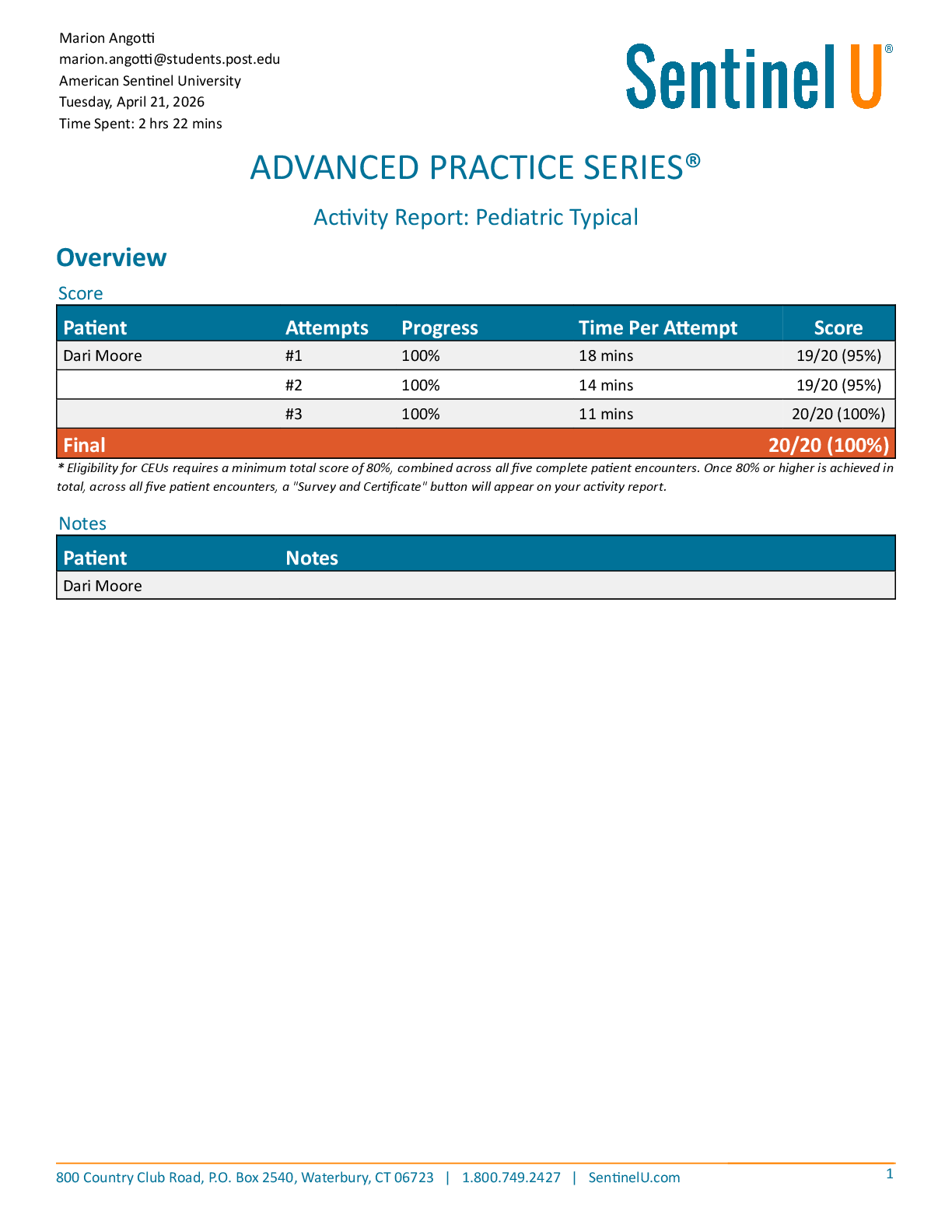 NUR 588 / N588 Patient: Dari Moore Activity Report: Pediatric Typical ADVANCED PRACTICE SERIES | American Sentinel Classroom