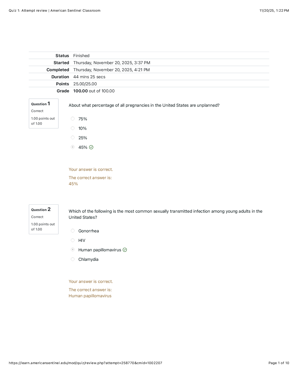 Preview of NUR 588 / N588 Quiz 1 Attempt review | American Sentinel Classroom