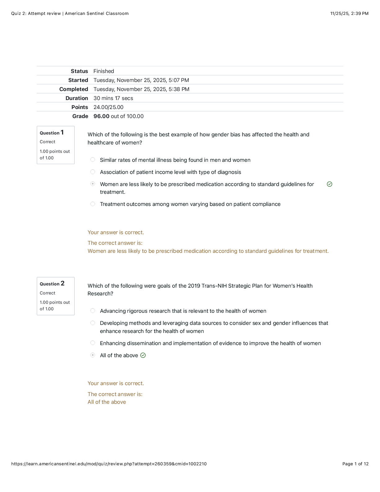 Recommended document preview for NUR 588 / N588 Quiz 2 Attempt review  American Sentinel Classroom