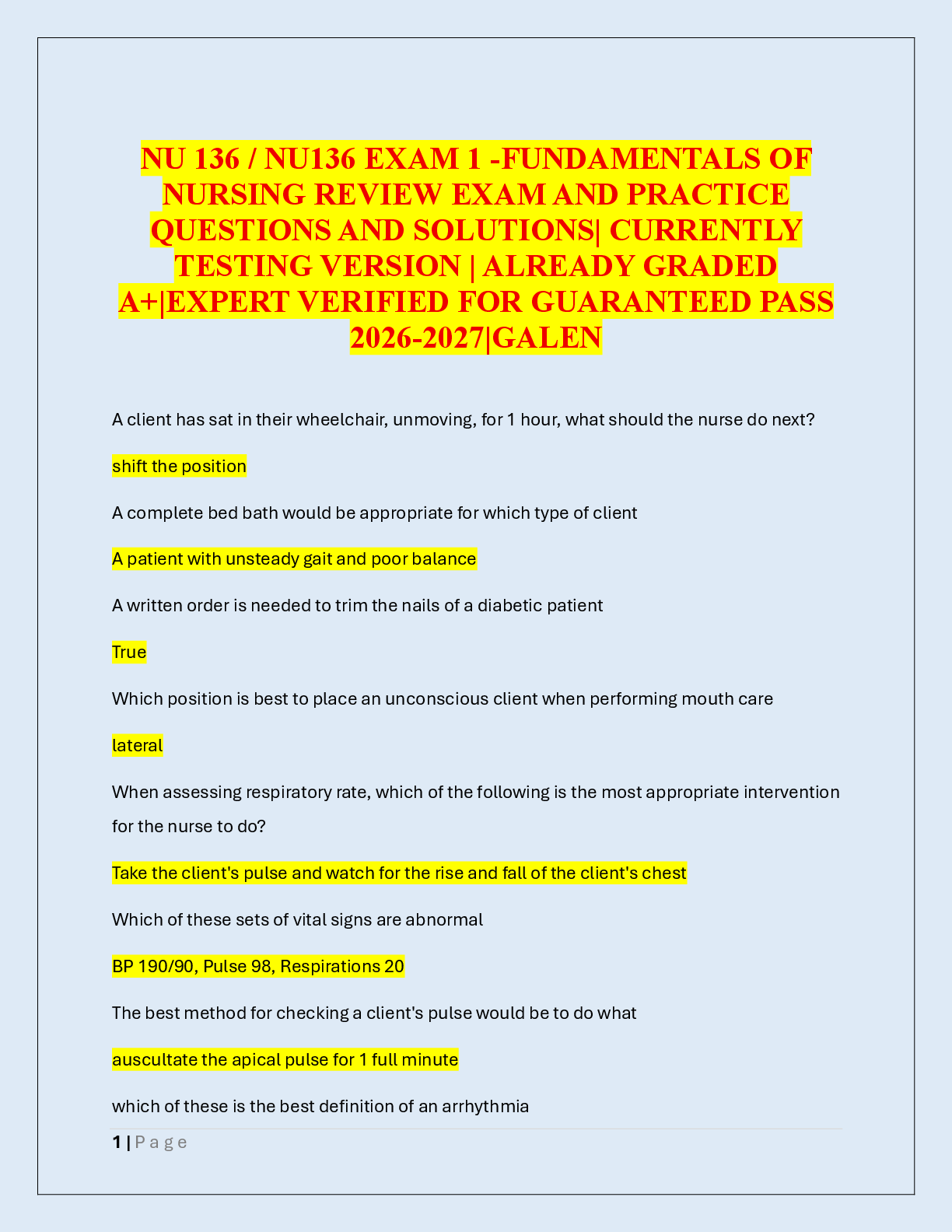 Preview of NU 136 / NU136 EXAM 1 -FUNDAMENTALS OF  NURSING REVIEW EXAM