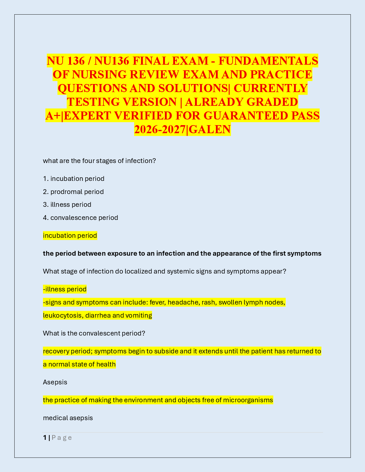 Preview of NU 136 / NU136 FINAL EXAM - FUNDAMENTALS  OF NURSING REVIEW EXAM