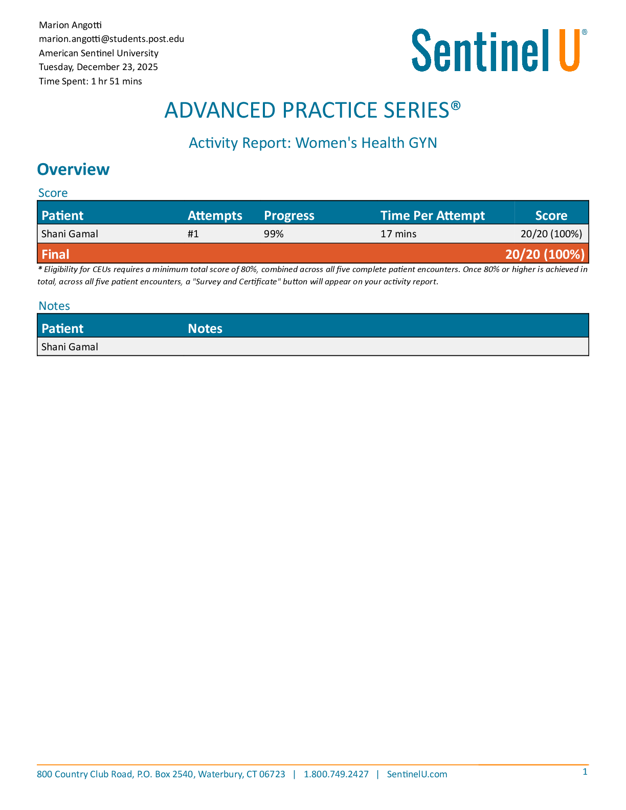 Recommended document preview for NUR 588 / N588 Patient: Shani Gamal Activity Report: Women's Health GYN ADVANCED PRACTICE SERIES | American Sentinel Classroom