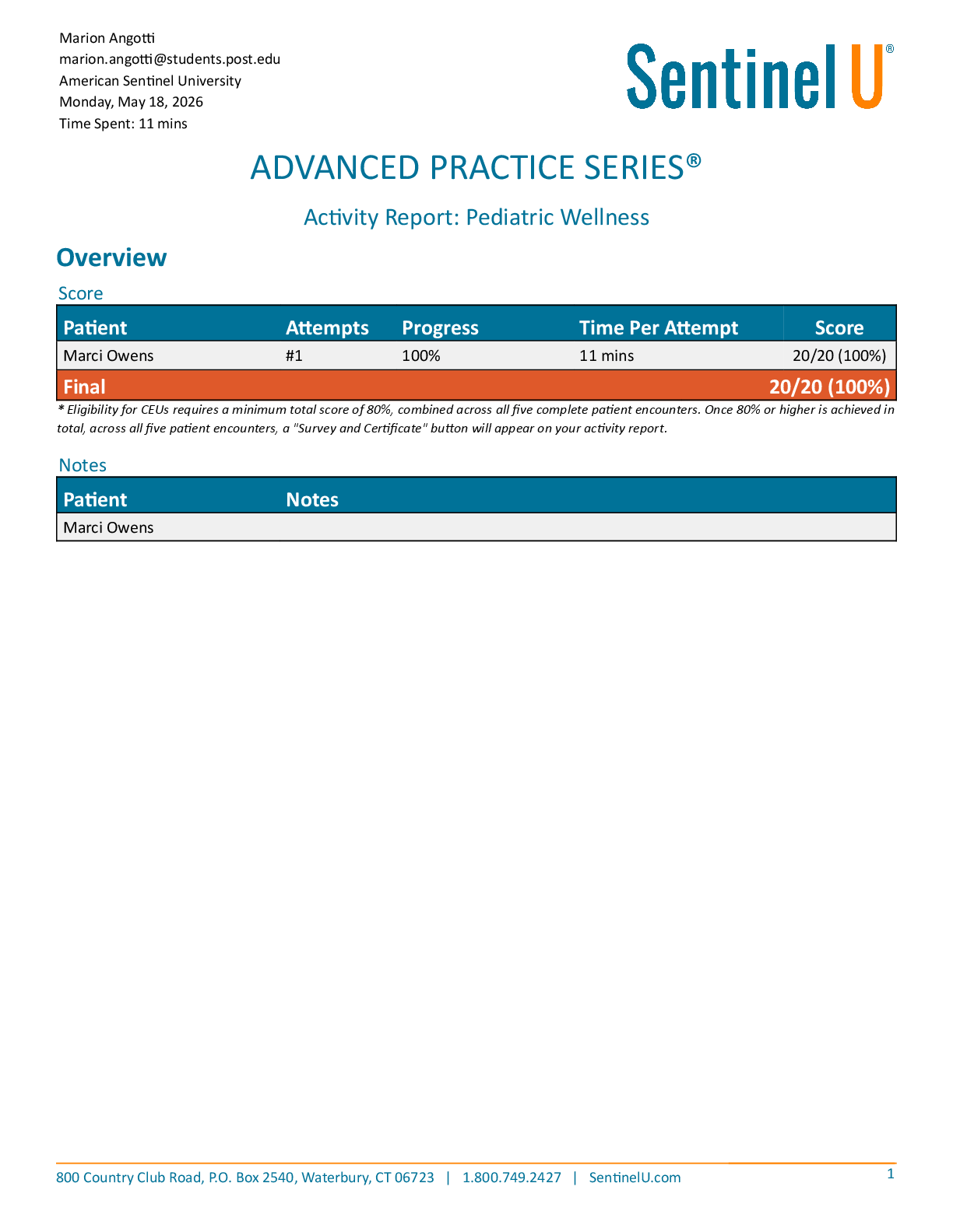 Recommended document preview for APS Pediatric Wellness Marci Owens. SENTINEL U Healthcare Simulations Score 20/20