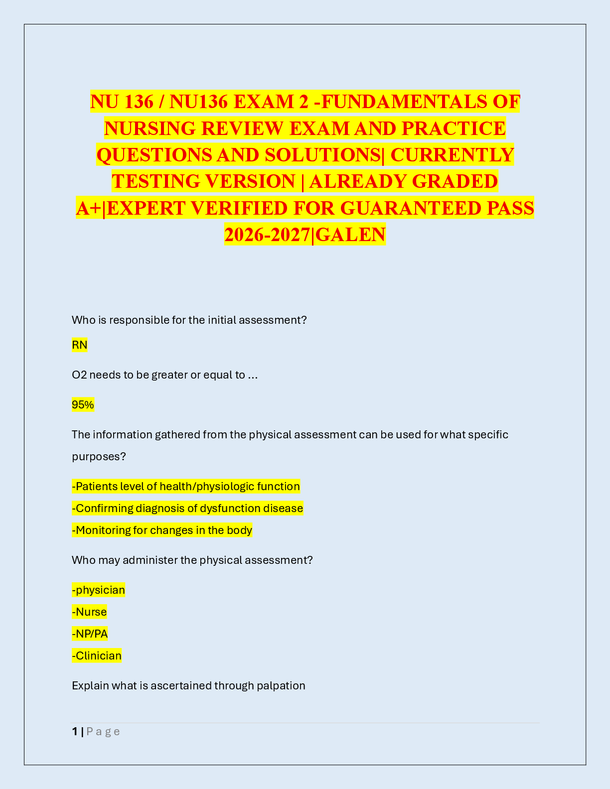 Preview of NU 136 / NU136 EXAM 2 -FUNDAMENTALS OF  NURSING REVIEW EXAM