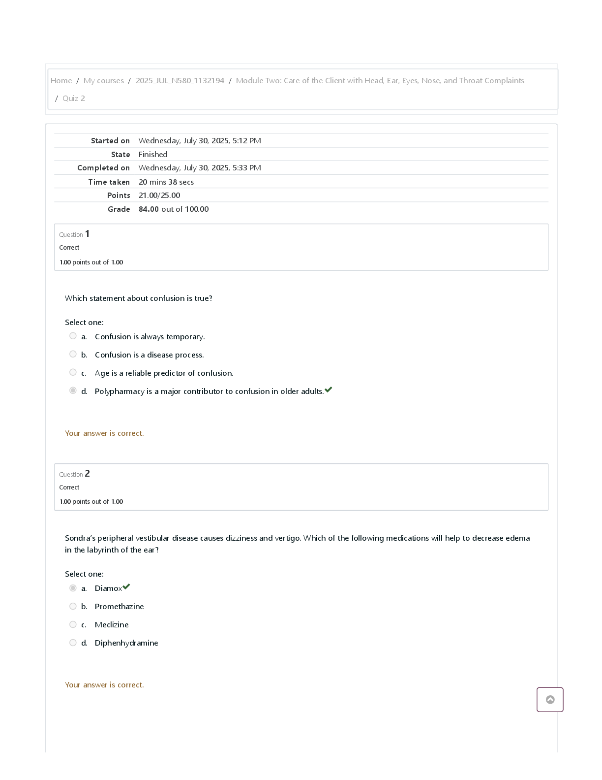 NUR 588 / N588 Module Two: Care of the Client with Head, Ear, Eyes, Nose, and Throat Complaints / Quiz 2 Attempt review | American Sentinel Classroom