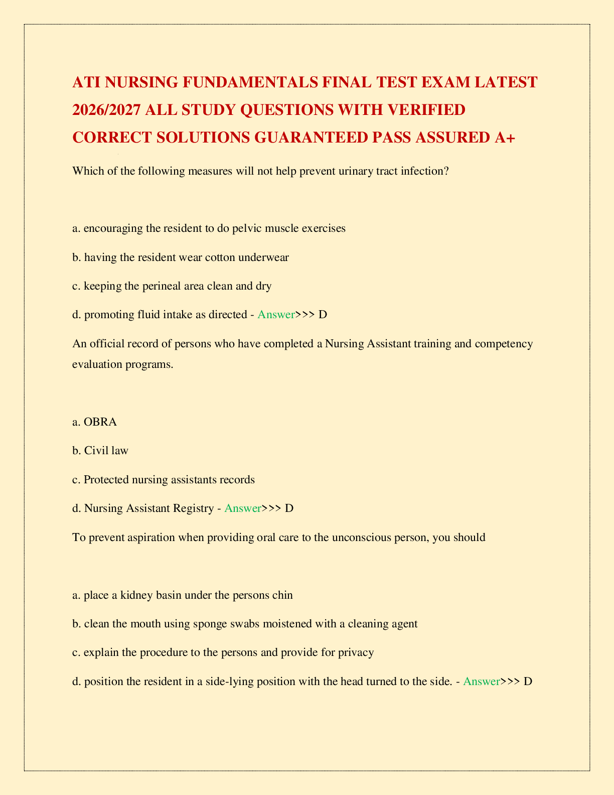 Recommended document preview for ATI NURSING FUNDAMENTALS FINAL TEST EXAM LATEST 2026/2027 ALL STUDY QUESTIONS WITH VERIFIED CORRECT SOLUTIONS GUARANTEED PASS ASSURED A+