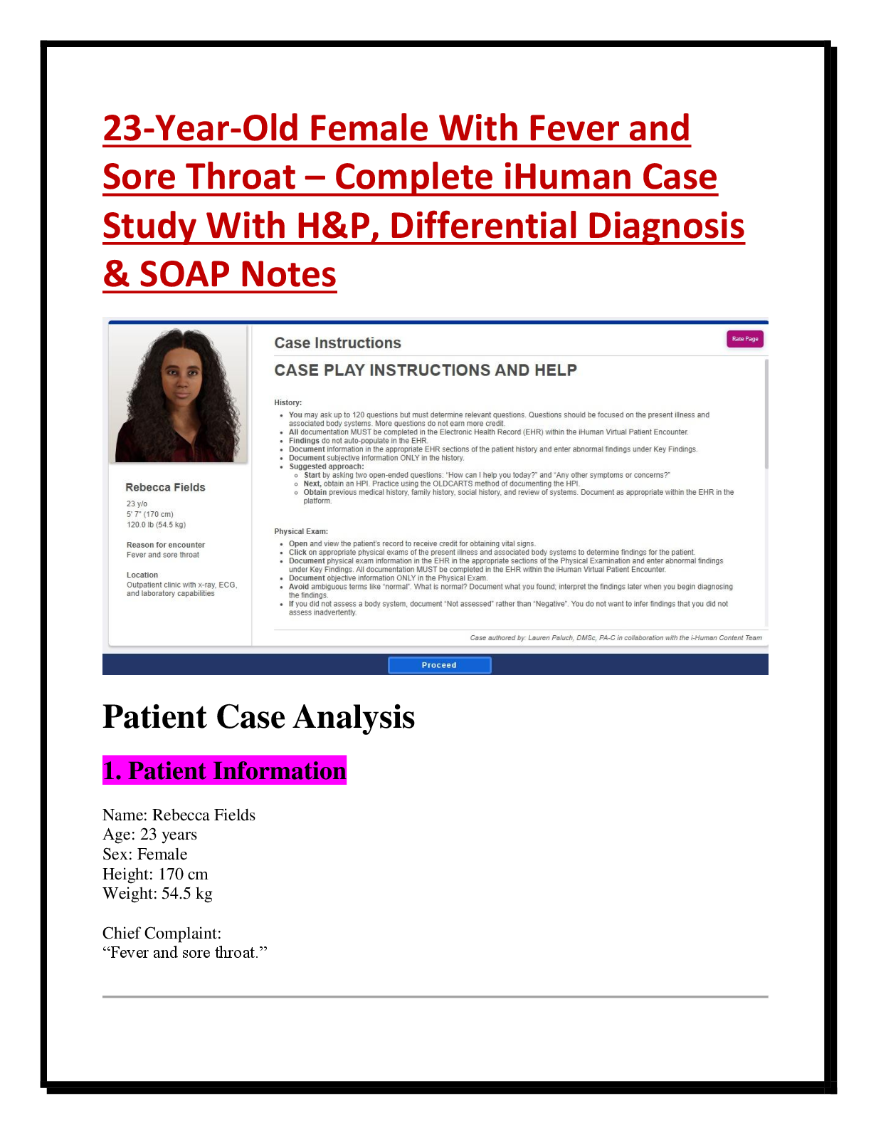Preview of 23-Year-Old Female With Fever and  Sore Throat – Complete iHuman Case  Study With H&P, Dif