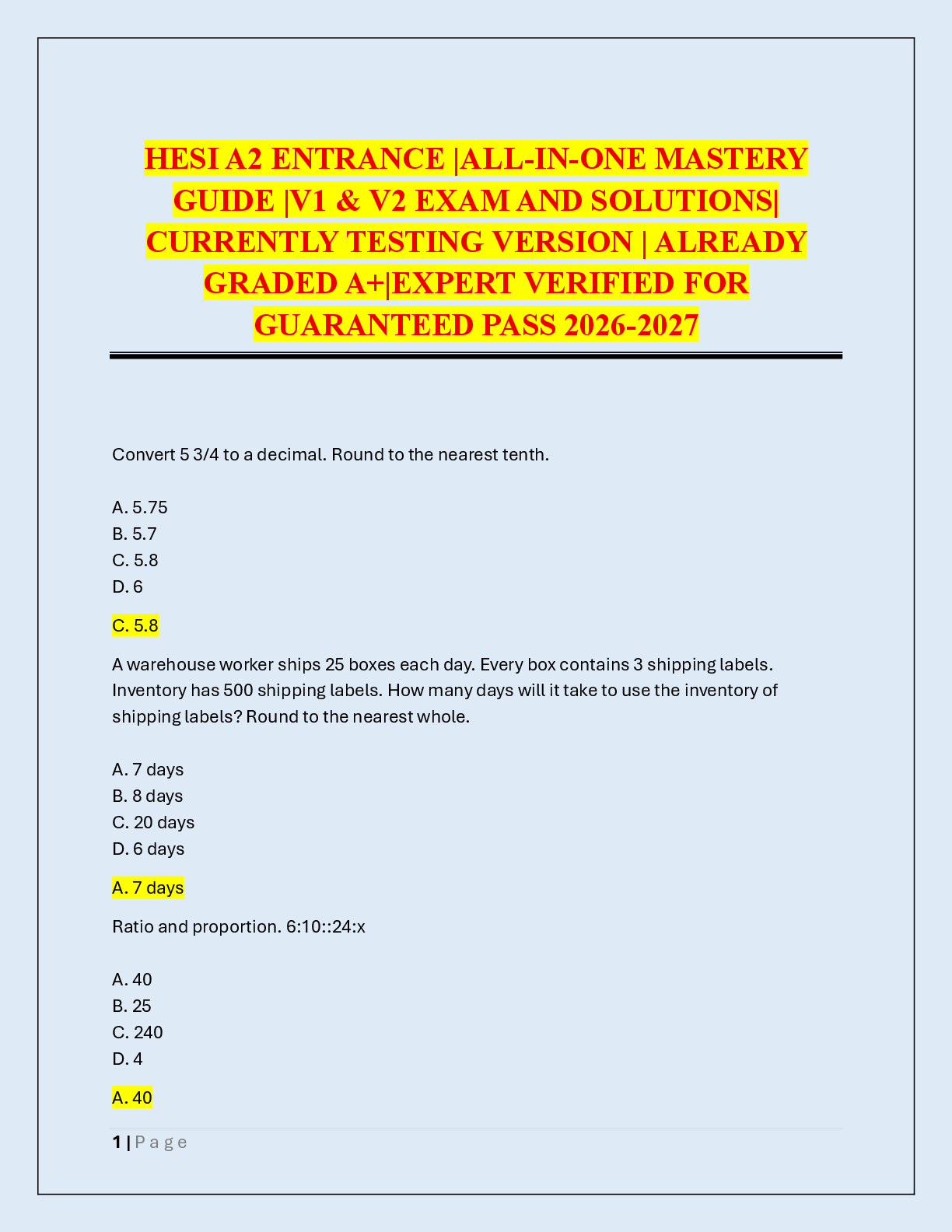 Recommended document preview for HESI A2 ENTRANCE |ALL-IN-ONE MASTERY  GUIDE |V1 & V2 EXAM AND SOLUTIONS