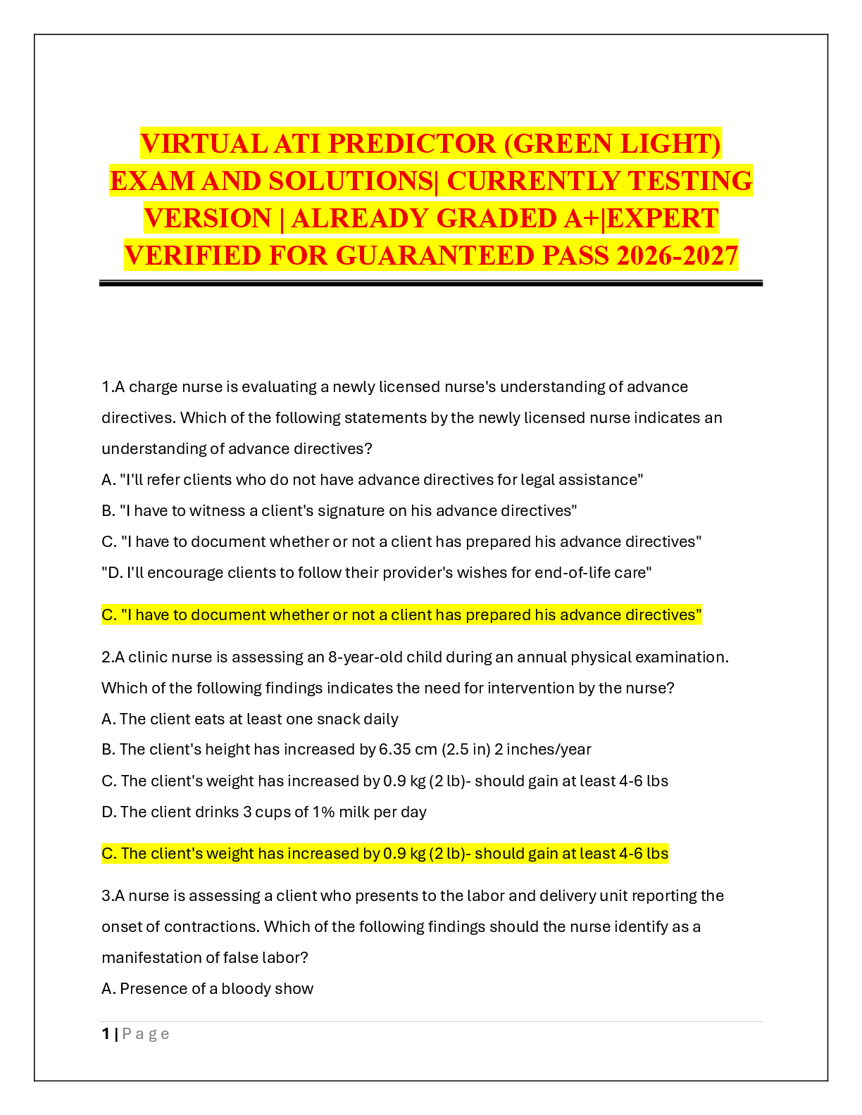 Preview of VIRTUAL ATI PREDICTOR (GREEN LIGHT)  EXAM AND SOLUTIONS
