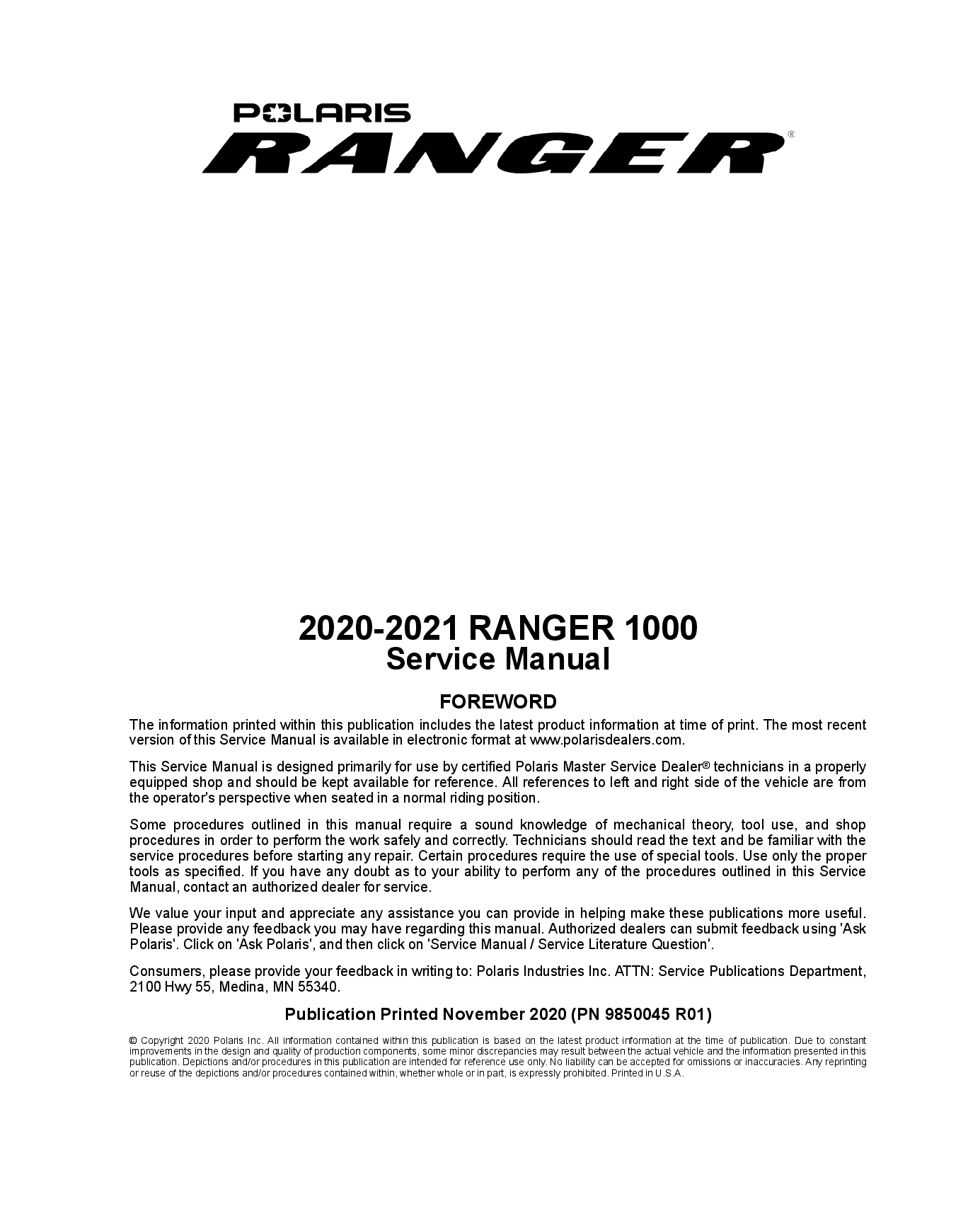 Preview of Polaris Ranger 1000 Series 2020 Service Repair Manual