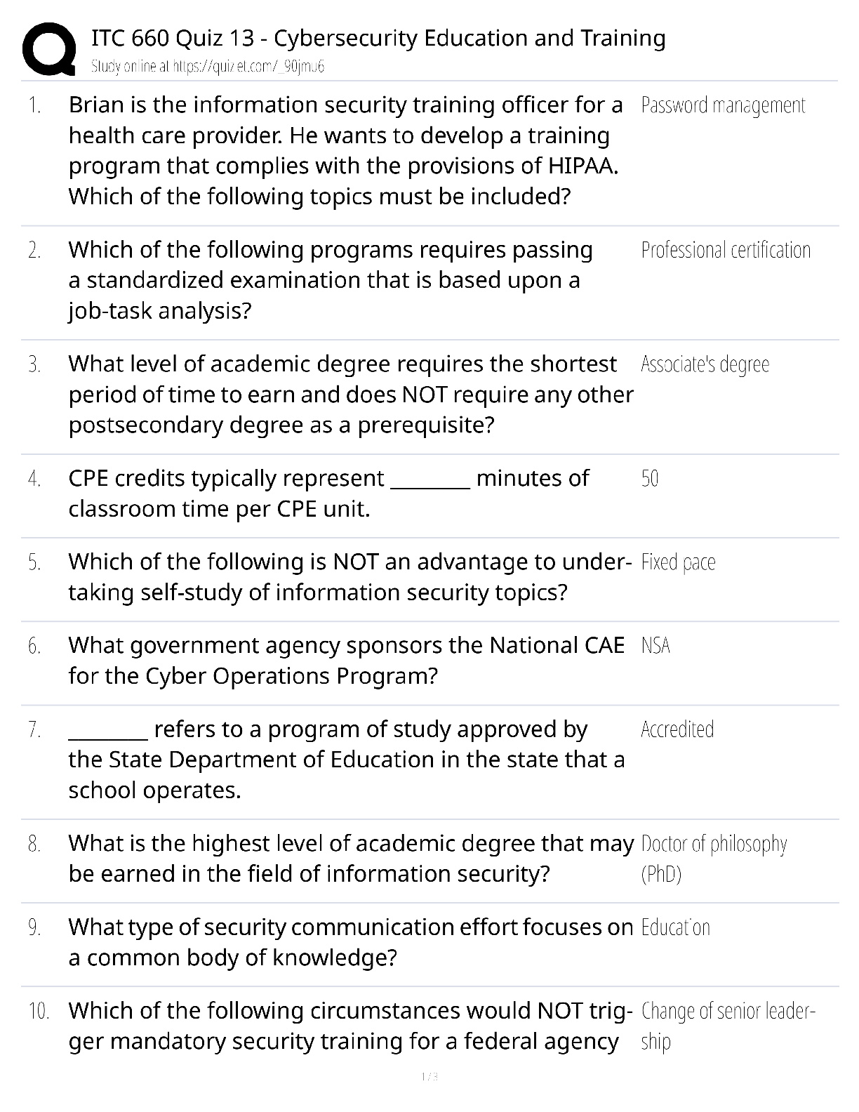 Preview image for ITC 660 Quiz 13 Cybersecurity Education and Training / score 100% / 2025 update / exam prep study guide