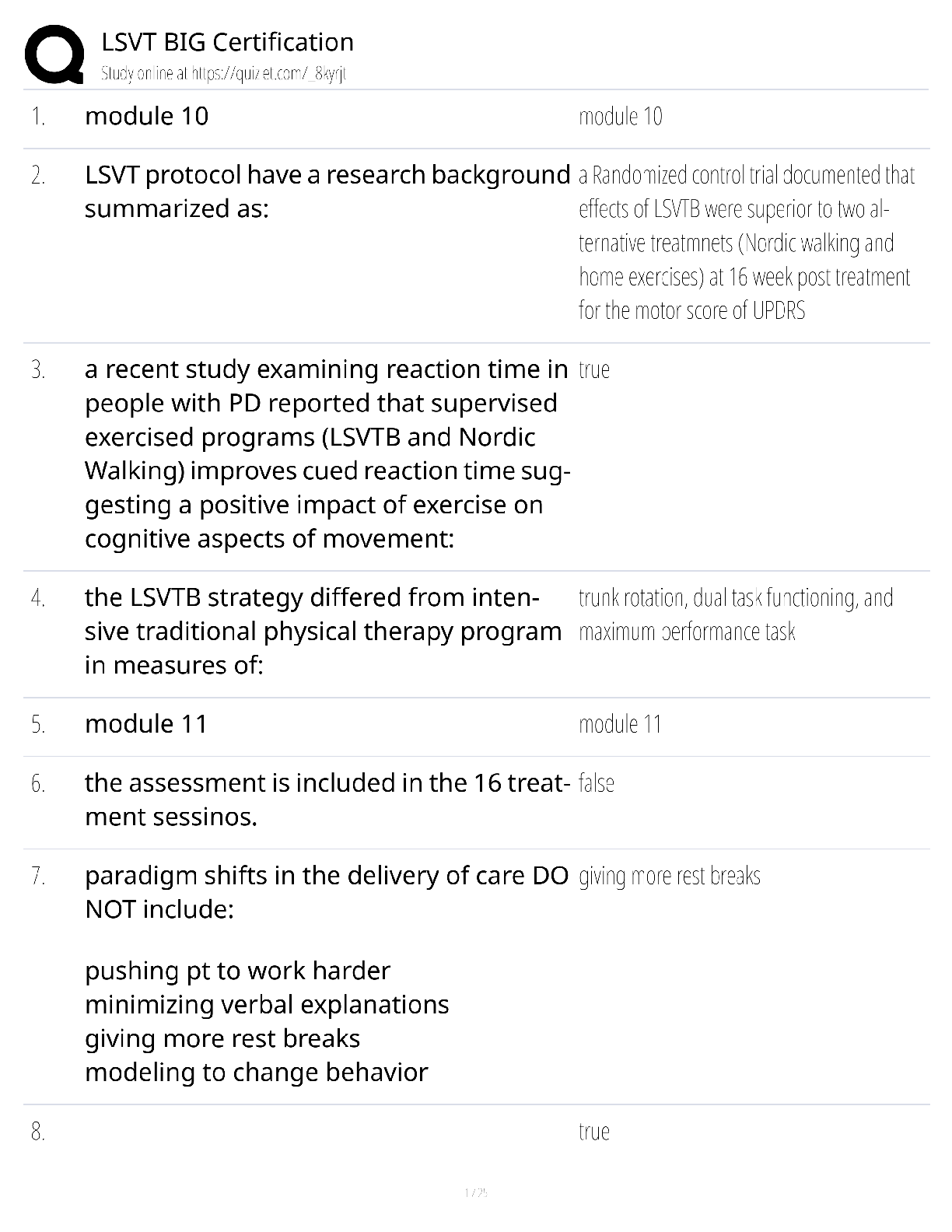 Preview of LSVT BIG Certification / score 100% / 2025 update / Parkinson's physical therapy exam prep study guide