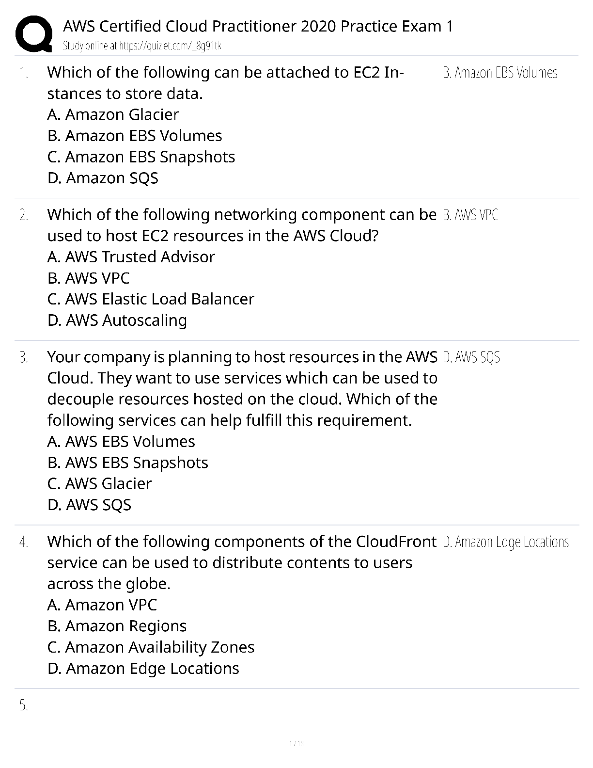 Preview of AWS Certified Cloud Practitioner 2020 Practice Exam 1 / score 100% / CLF-C01 test bank study guide
