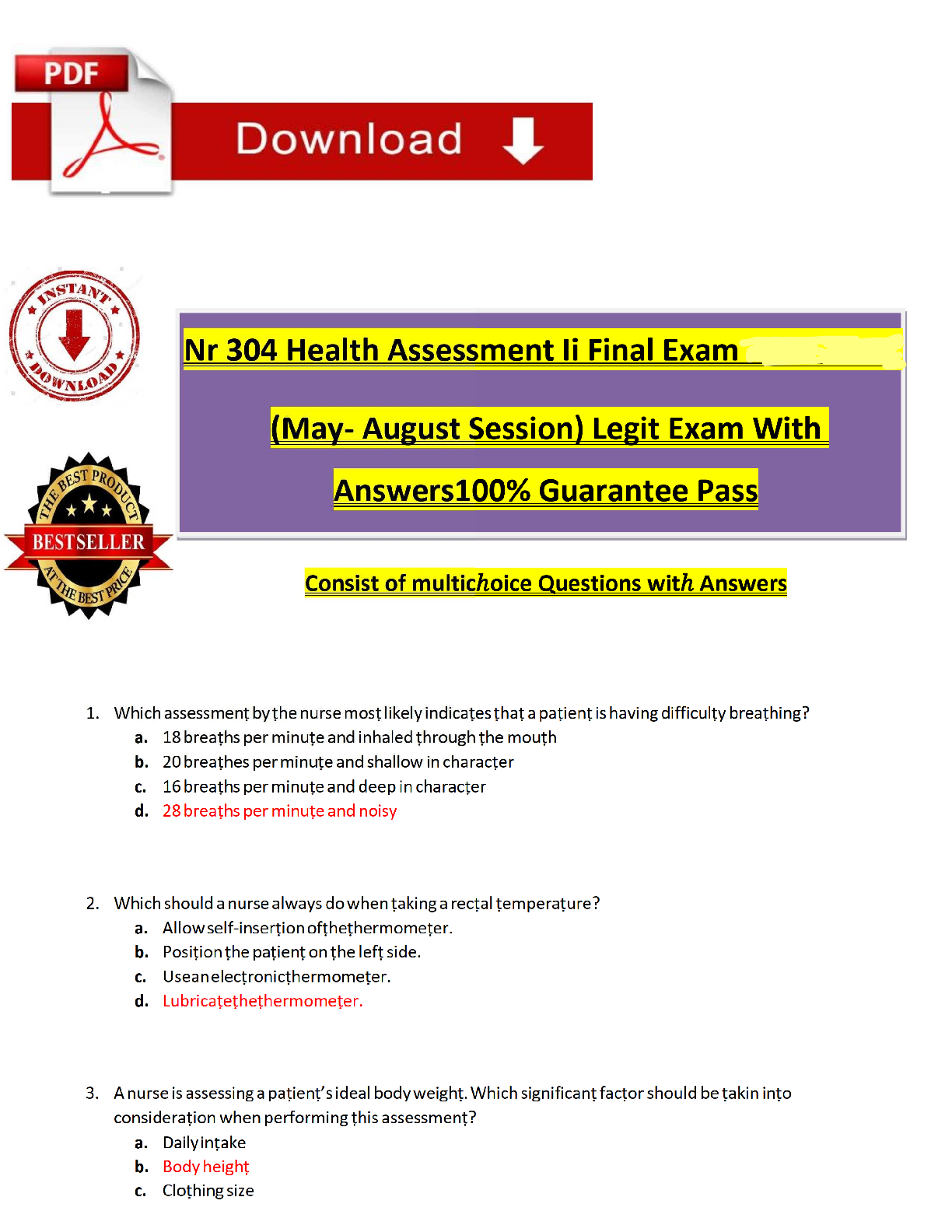 Preview of NR304 Health Assessment II Final Exam (Latest 2026/2027 Update) | Complete Q&A with Verified Answers & Detailed Rationales | Peripheral Vascular, Abdominal, Breast, Reproductive, Musculoskeletal Assessment | A+ Grade | Chamberlain University