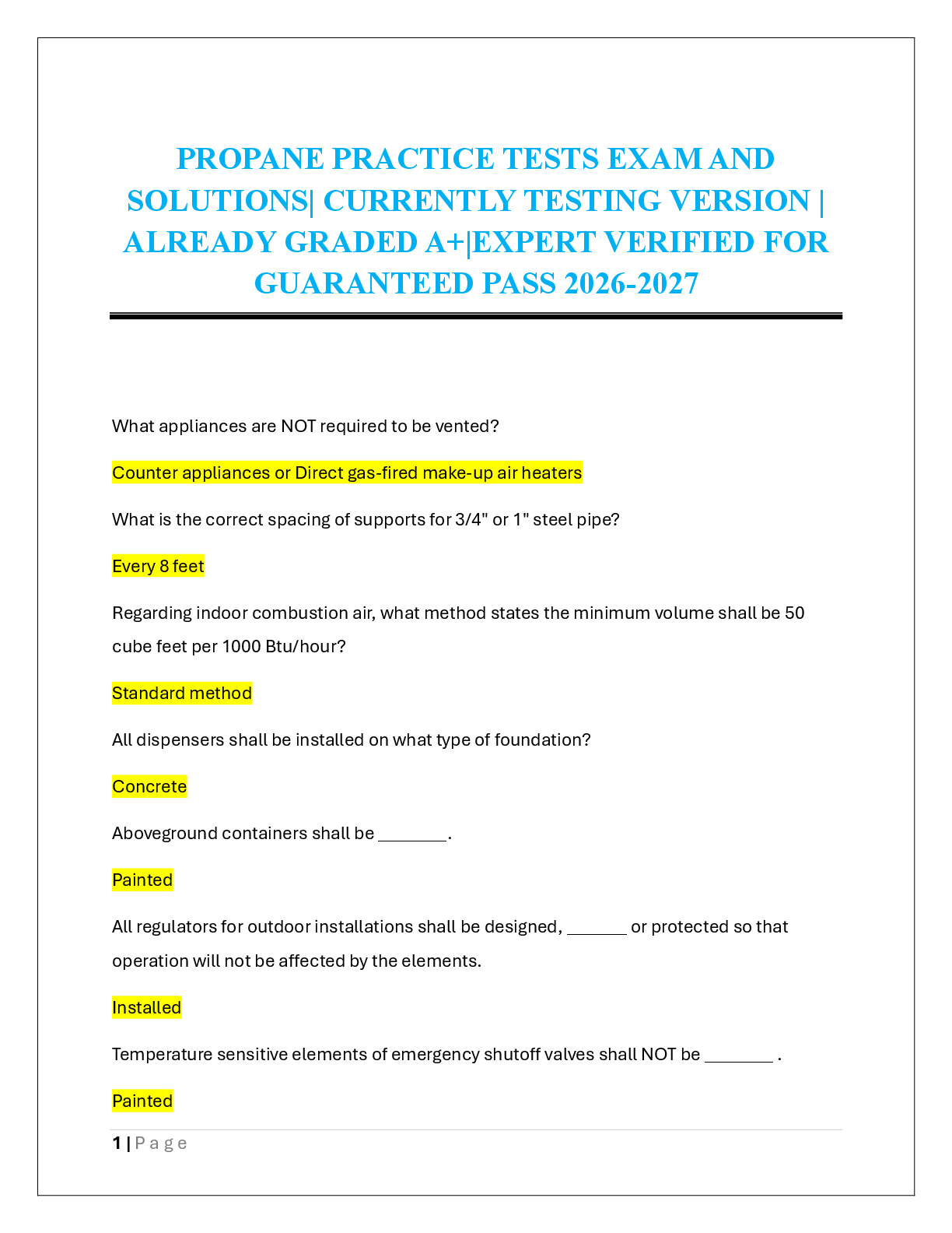Preview of PROPANE PRACTICE TESTS EXAM AND  SOLUTIONS| CURRENTLY TESTING VERSION