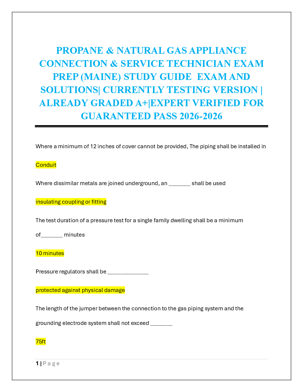 Preview of PROPANE & NATURAL GAS APPLIANCE  CONNECTION & SERVICE TECHNICIAN EXAM  PREP (MAINE) STUDY GUIDE  EXAM AND  SOLUTIONS| CURRENTLY TESTING VERSION