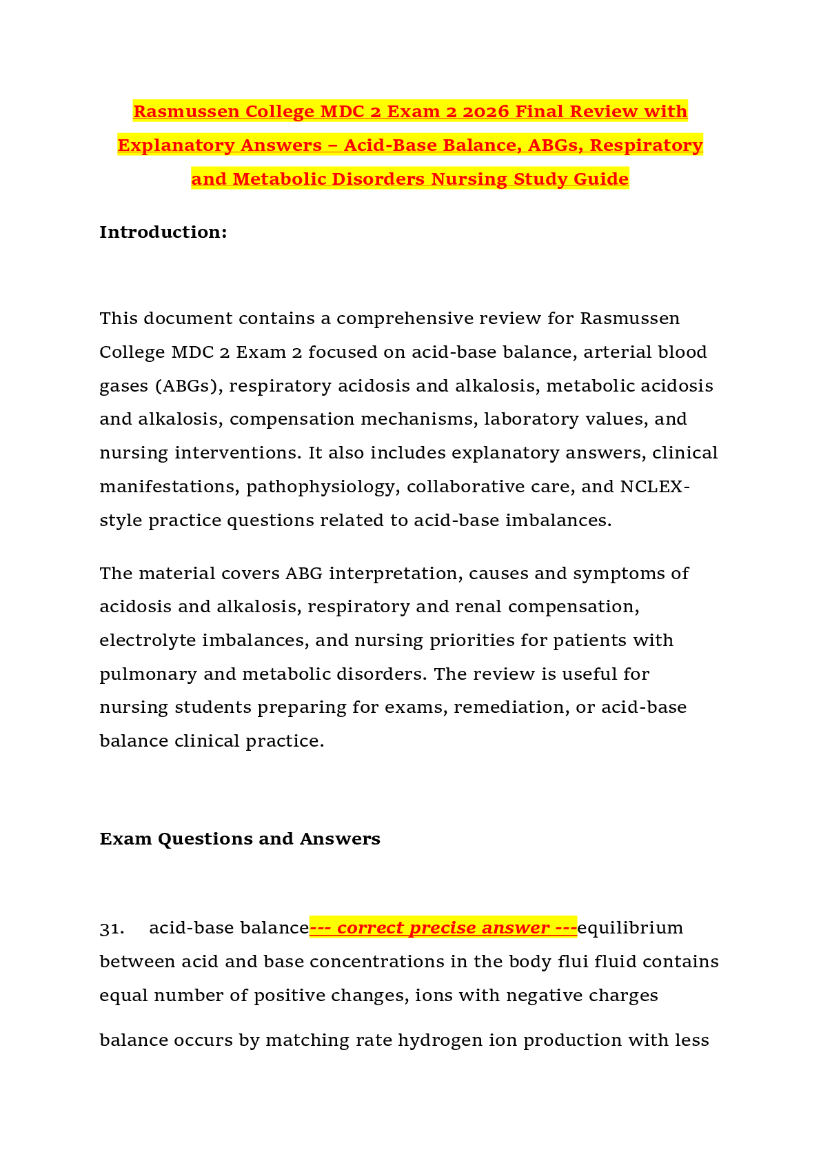 Preview of Rasmussen College MDC 2 Exam 2 2026 Final Review with Explanatory Answers – Acid-Base Balance, ABGs, Respiratory and Metabolic Disorders Nursing Study Guide