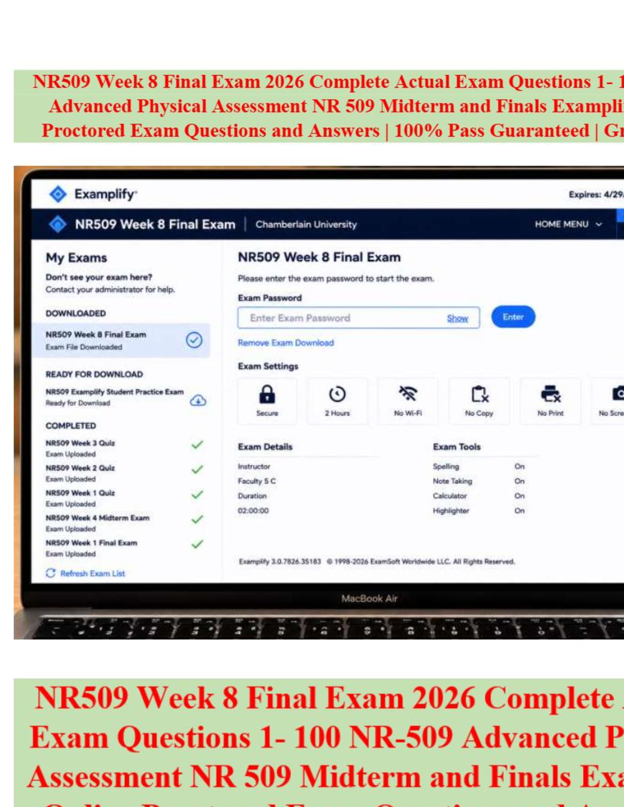 Recommended document preview for NR509 Week 8 Final Exam 2026 Complete Actual Exam 100 Questions and Answers | NR-509 Advanced Physical Assessment NR 509 Midterm and Finals Examplify Online Proctored Exam