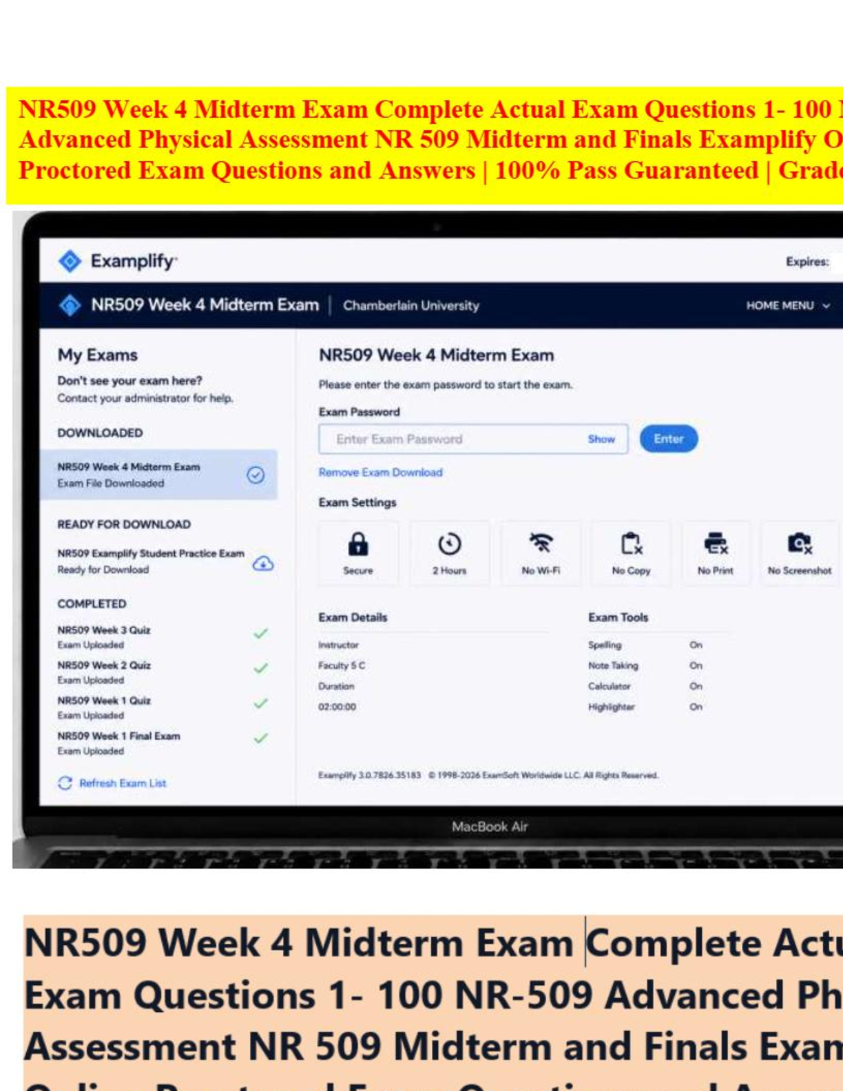 Recommended document preview for NR509 Week 4 Midterm Complete Actual Exam 100 Questions & Answers | NR-509 Advanced Physical Assessment NR 509 Midterm Examplify Online Proctored Exam |100% Pass Guaranteed | Graded A+