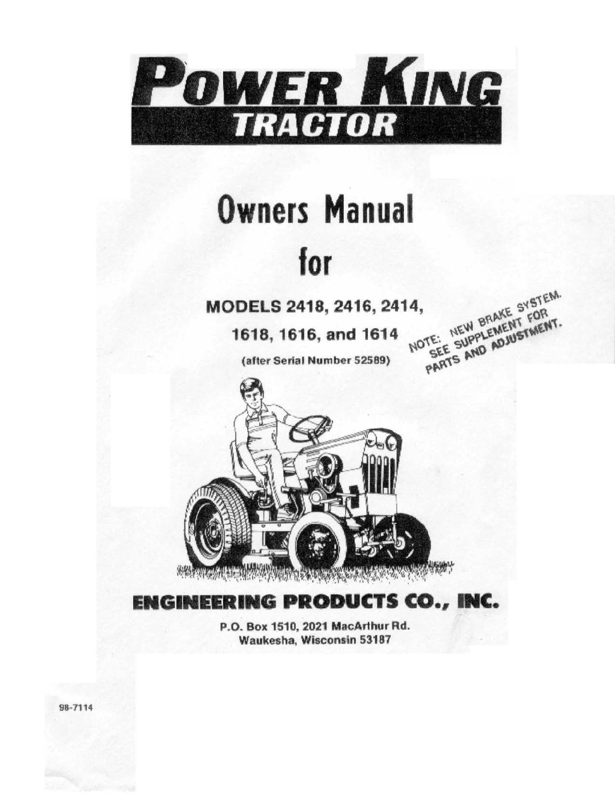 Preview of Power King Tractor owner Manual for models 2418 2416 2414 1618 1616 1614