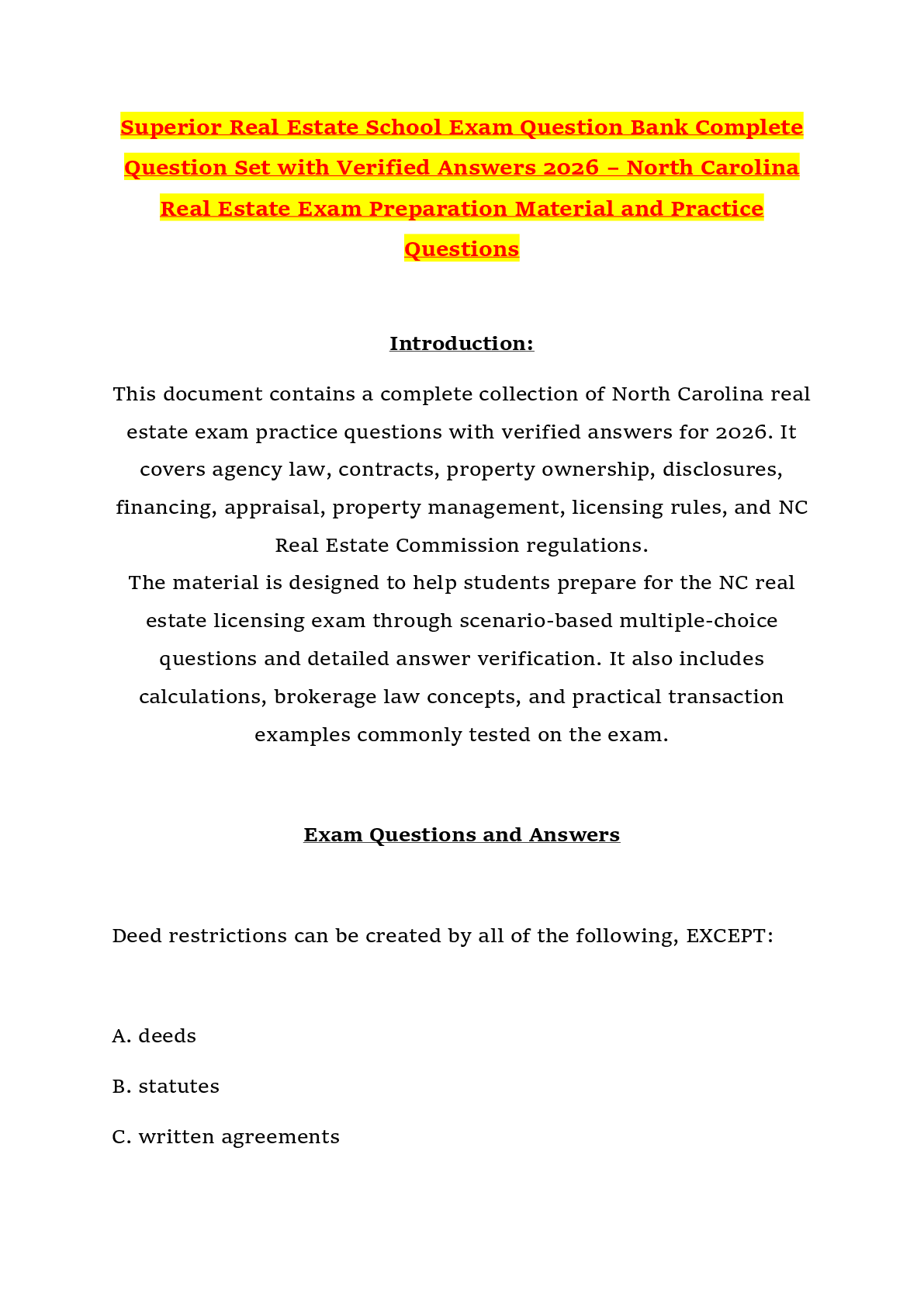 Preview of Superior Real Estate School Exam Question Bank Complete Question Set with Verified Answers 2026 – North Carolina Real Estate Exam Preparation Material and Practice Questions