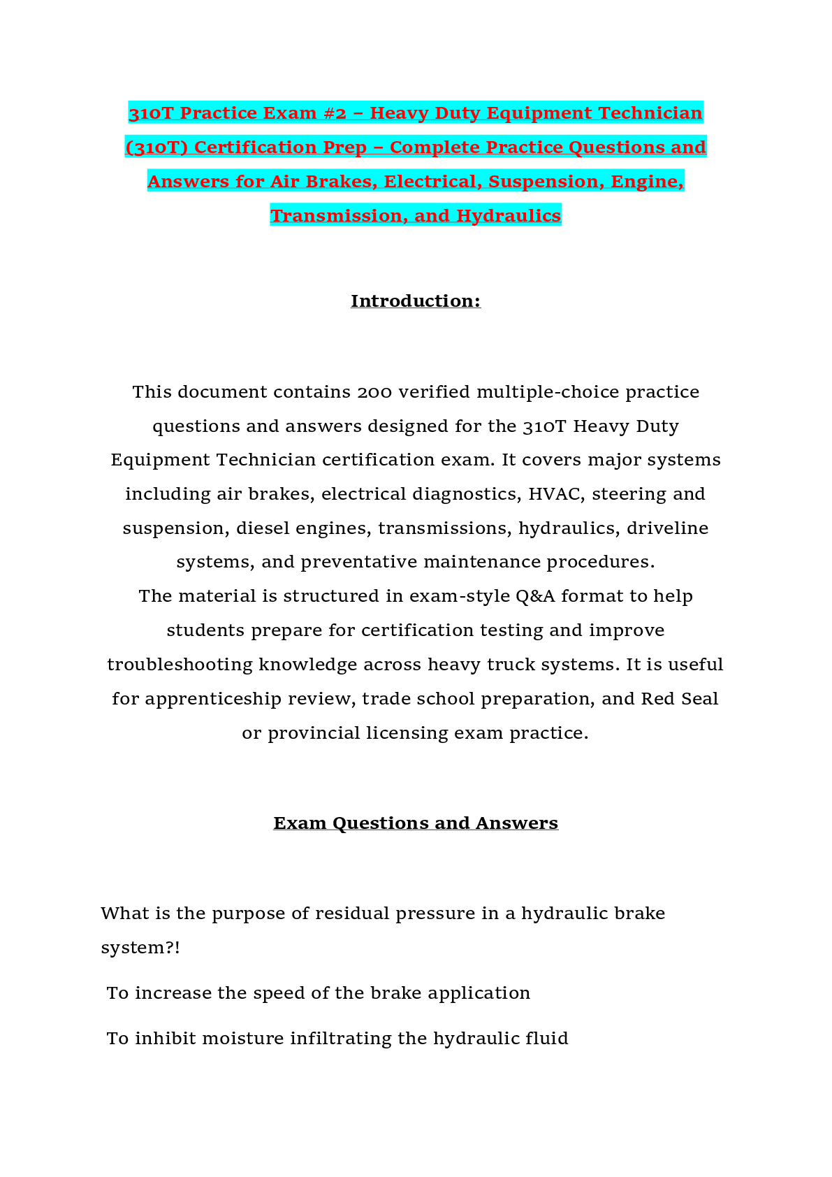 Preview of 310T Practice Exam #2 – Heavy Duty Equipment Technician (310T) Certification Prep – Comple
