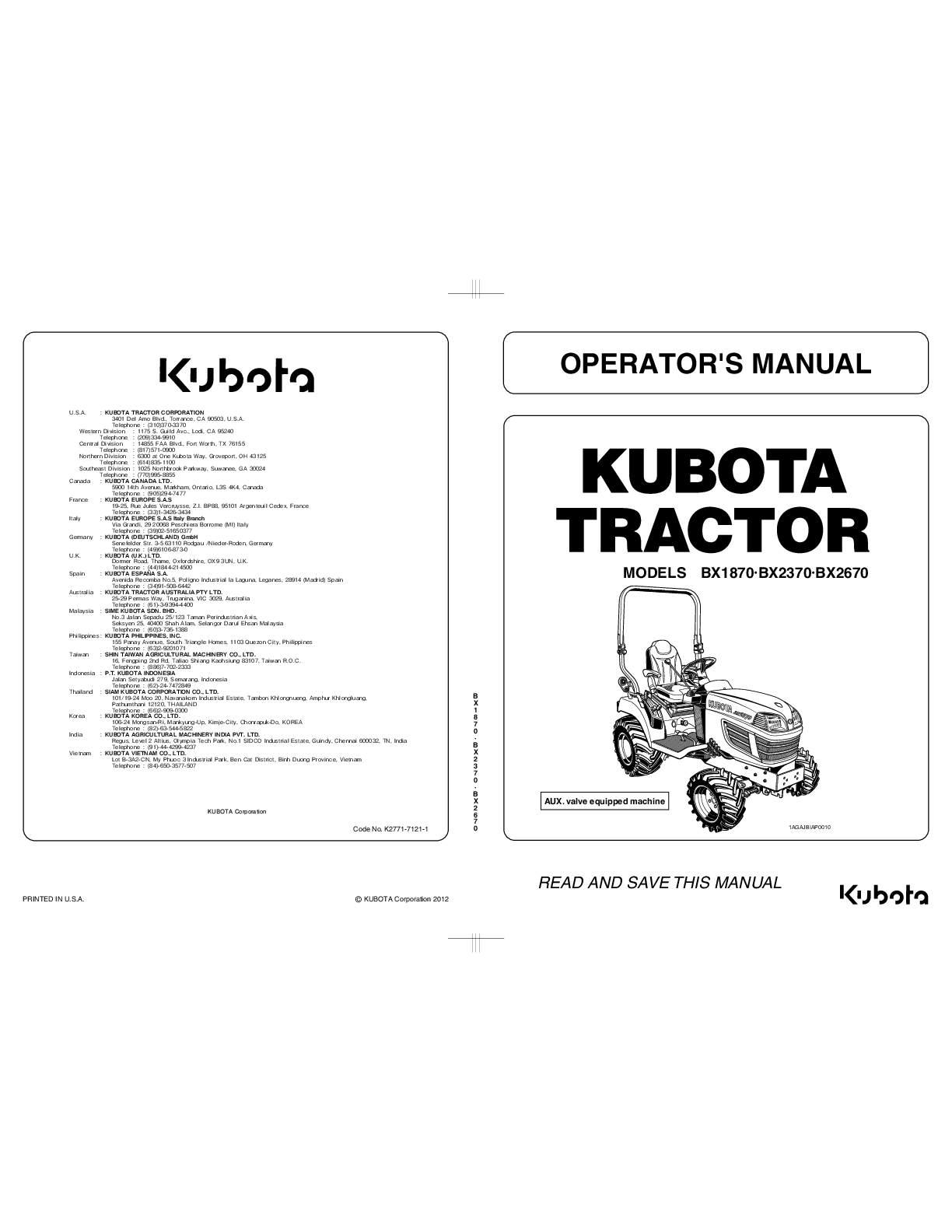 Preview of Kubota Tractor BX1870 BX2370 BX2670 Operators Manual