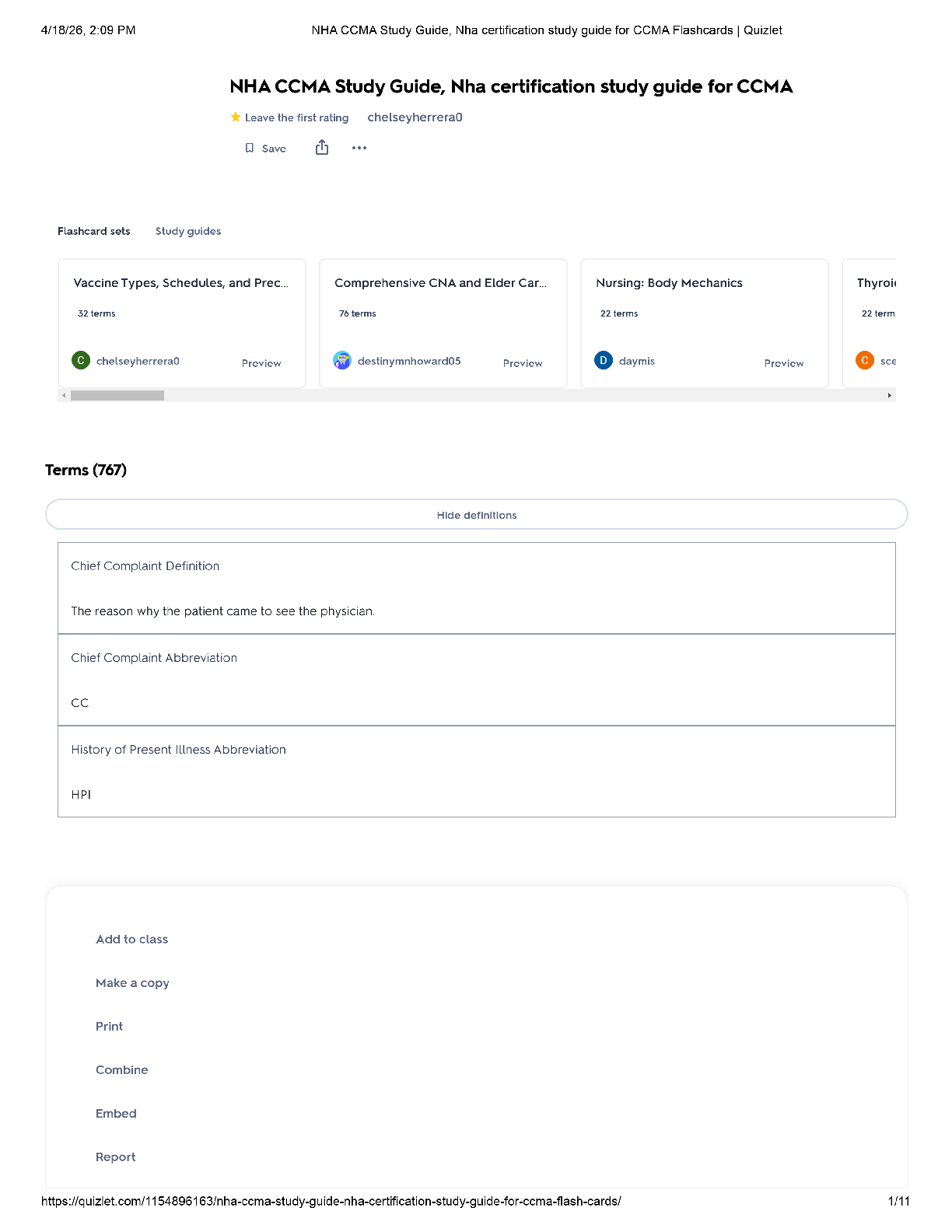 Preview of NHA CCMA Study Guide Flashcards Quizlet / score 100% / 2025 update / certified clinical medical assistant exam prep