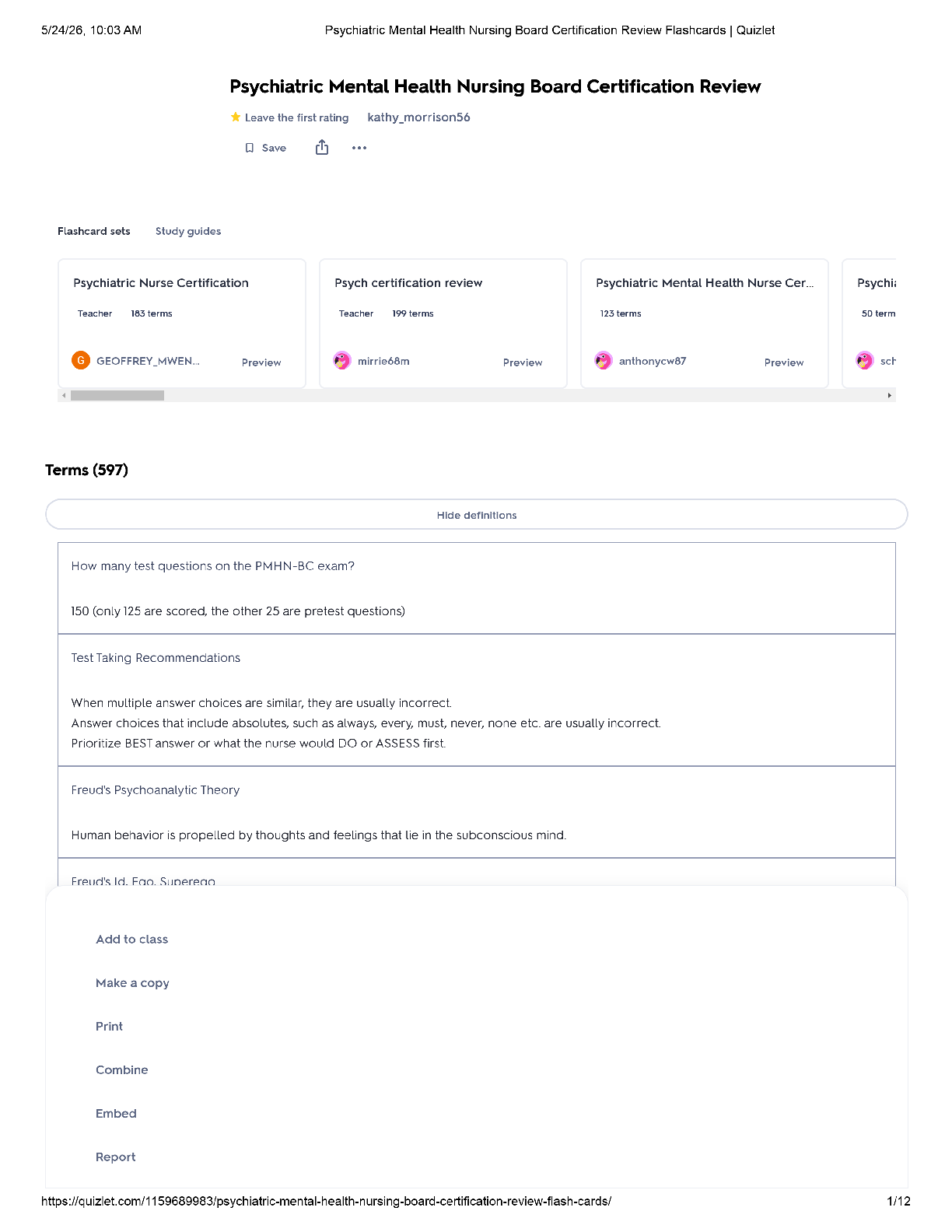 Preview of Psychiatric Mental Health Nursing Board Certification Review Flashcards Quizlet / score 100% / 2025 update / PMHNP exam prep