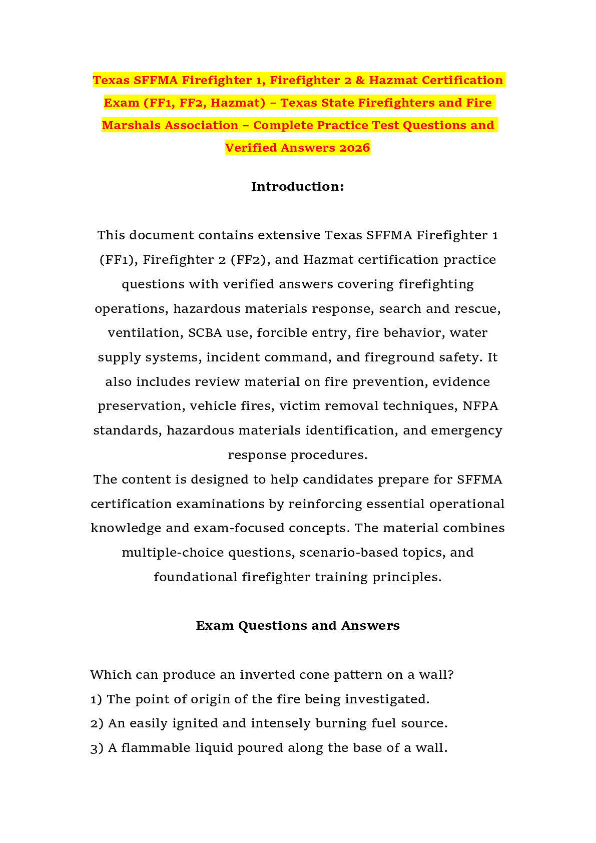 Preview of Texas SFFMA Firefighter 1, Firefighter 2 & Hazmat Certification Exam (FF1, FF2, Hazmat) –