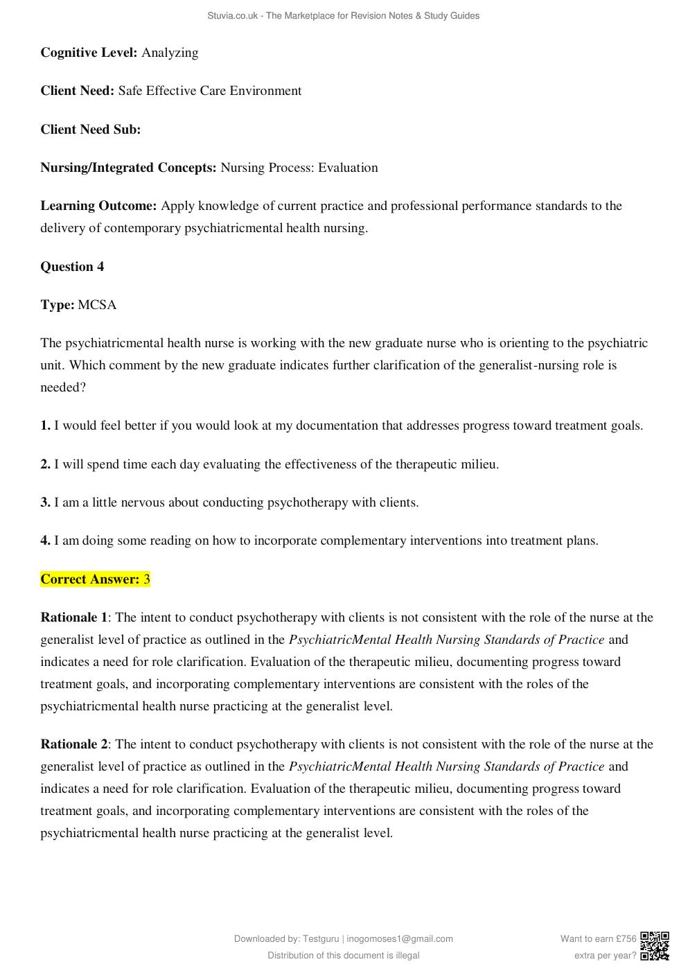 Preview page 6 of TEST BANK for Psychotherapy for the Advanced Practice Psychiatric Nurse, 2nd Edition by Kathleen Wheeler
