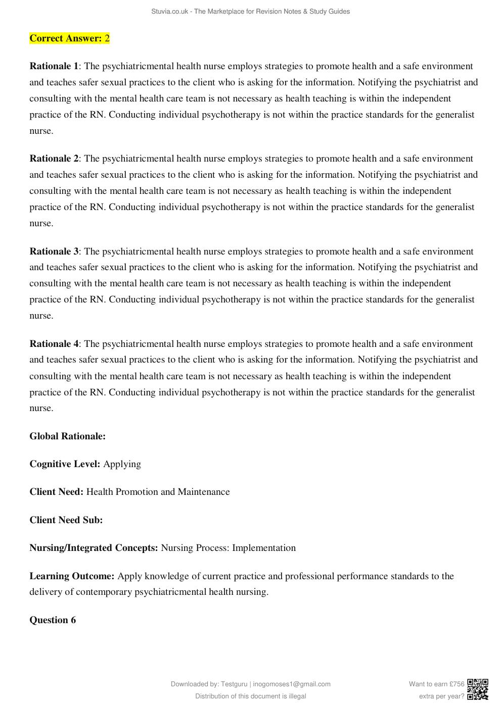 Preview page 8 of TEST BANK for Psychotherapy for the Advanced Practice Psychiatric Nurse, 2nd Edition by Kathleen Wheeler
