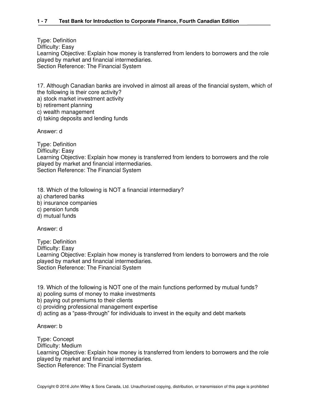 Preview page 7 of TEST BANK for Introduction to Corporate Finance, 4th Canadian Edition by Booth, Cleary and Rakita | All 24 Chapters