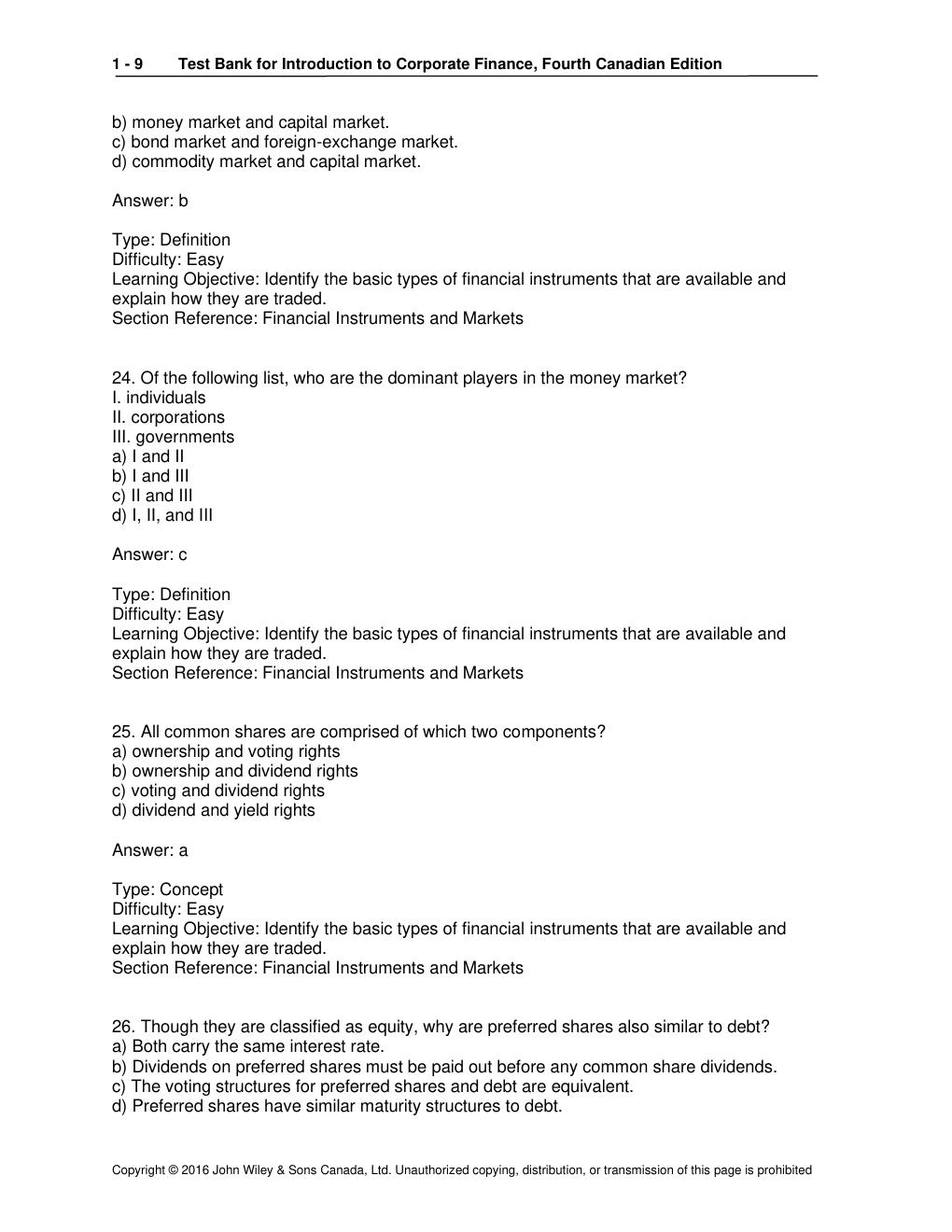 Preview page 9 of TEST BANK for Introduction to Corporate Finance, 4th Canadian Edition by Booth, Cleary and Rakita | All 24 Chapters