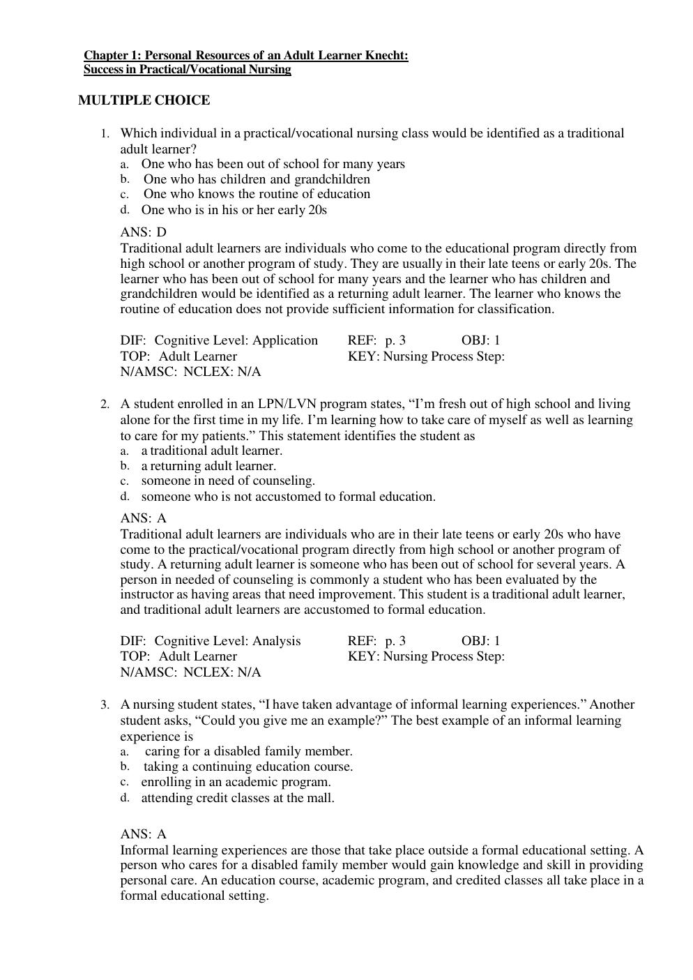Preview page 2 of TEST BANK for Success in Practical/Vocational Nursing 9th Edition From Student to Leader by Patricia Knecht.