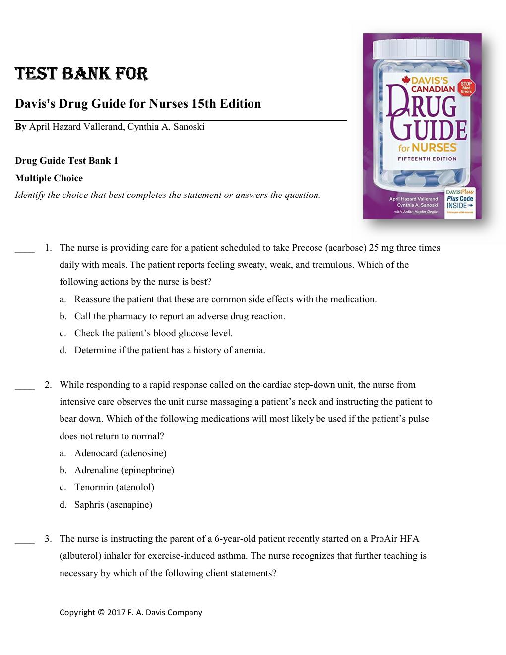 Preview page 2 of TEST BANK for Davis's Drug Guide for Nurses 15th Edition by April Hazard Vallerand & Cynthia A. Sanoski.