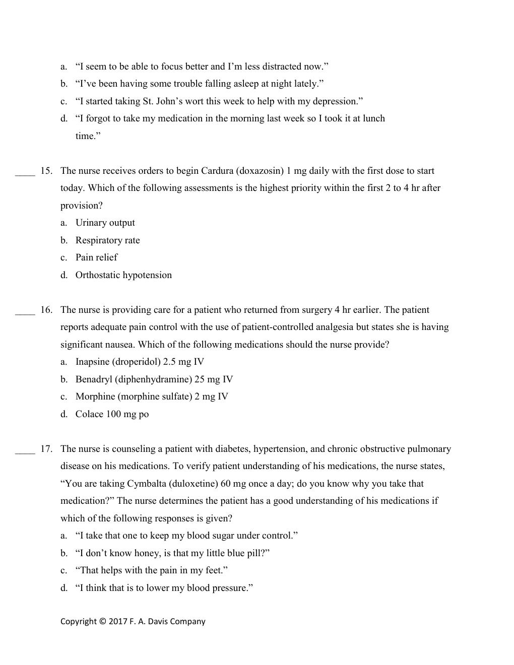 Preview page 6 of TEST BANK for Davis's Drug Guide for Nurses 15th Edition by April Hazard Vallerand & Cynthia A. Sanoski.