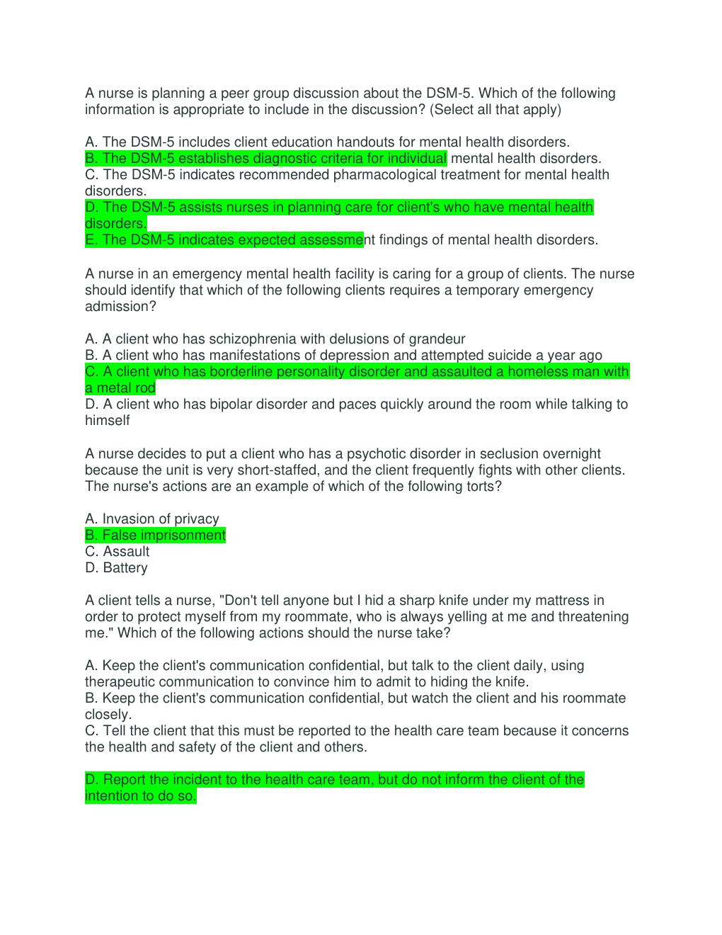 Preview page 2 of ATI MENTAL HEALTH PROCTORED EXAM (2 LATEST VERSIONS)