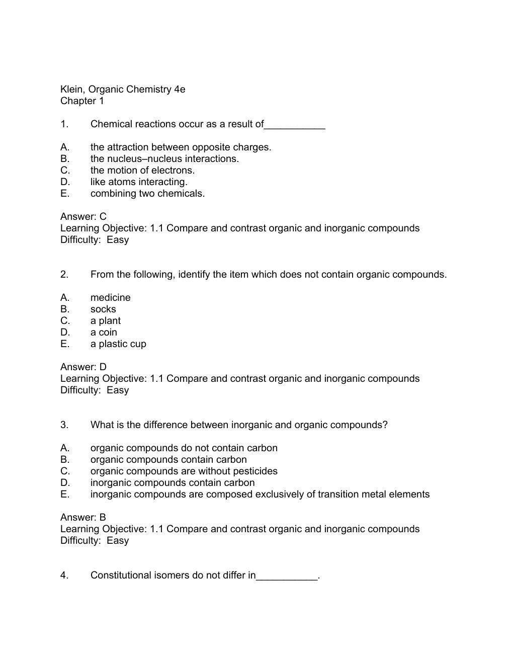 Preview page 2 of TEST BANK for Organic Chemistry: 4th Edition by David R Klein. INTEGRATED WITH SOLUTIONS MANUAL. | All Chapters 1-27 Q&A