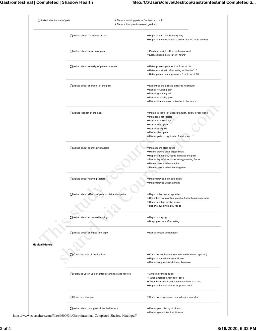 Preview page 2 of NR 603 Shadow Health Assignment; Gastrointestinal Results - Experience Overview