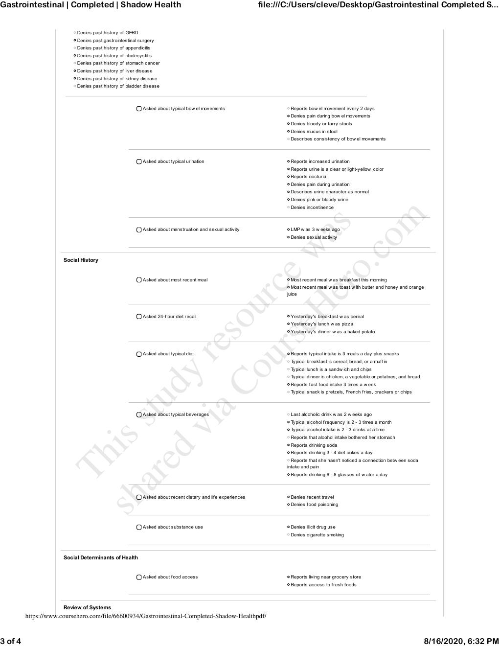 Preview page 3 of NR 603 Shadow Health Assignment; Gastrointestinal Results - Experience Overview