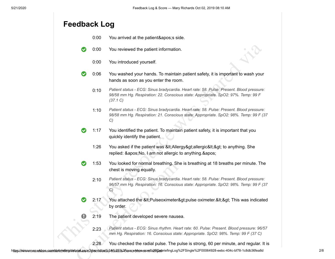 Preview page 2 of NUR 3227 Mary Richards Vsim Feedback Log