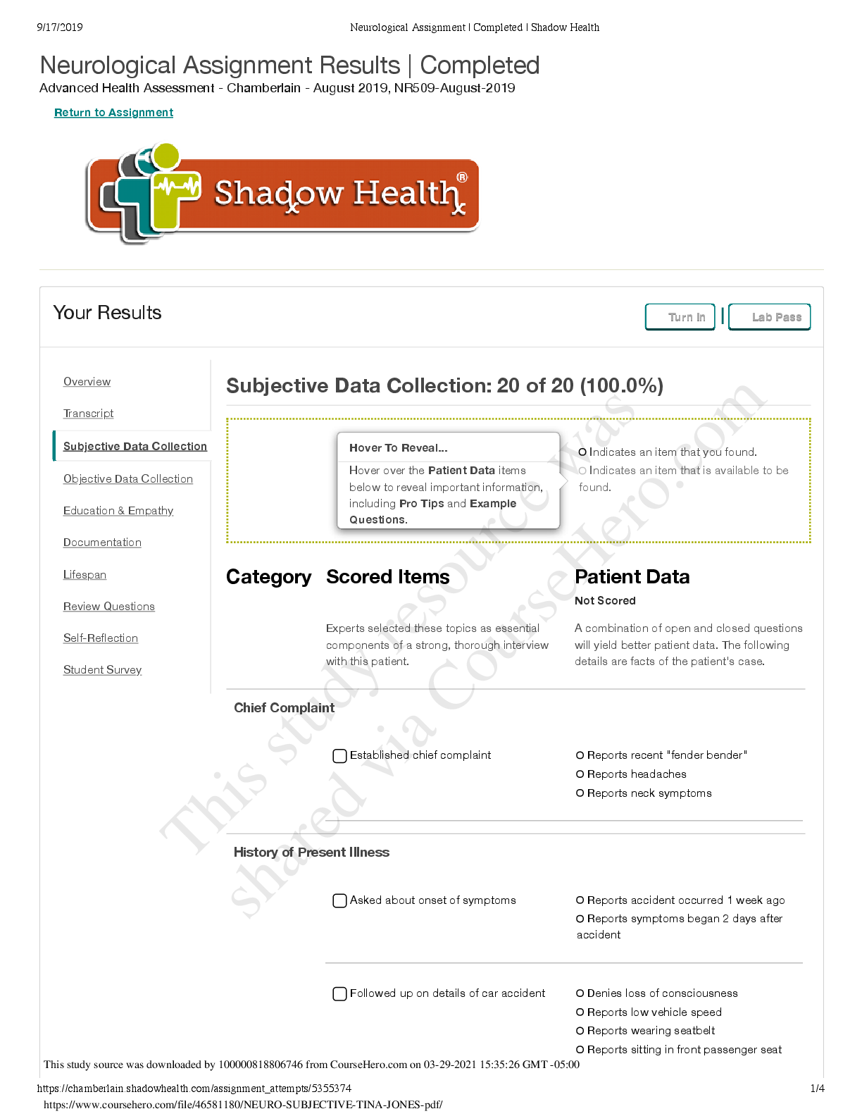 Preview page 2 of Neurological Assignment Results Subjective Data Collection: 20 of 20 (100.0%)