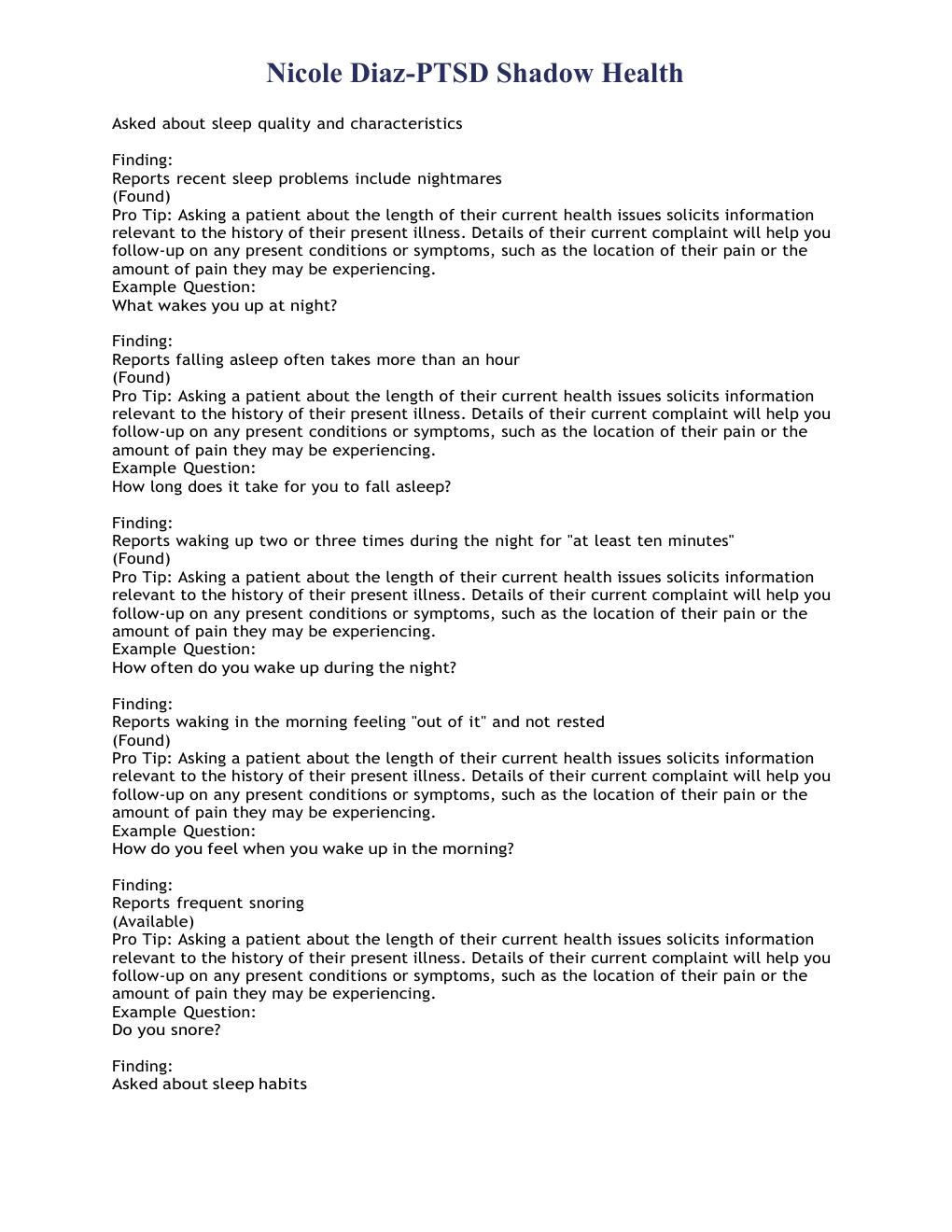 Preview page 2 of Nicole Diaz-PTSD Shadow Health (LATEST 2020)